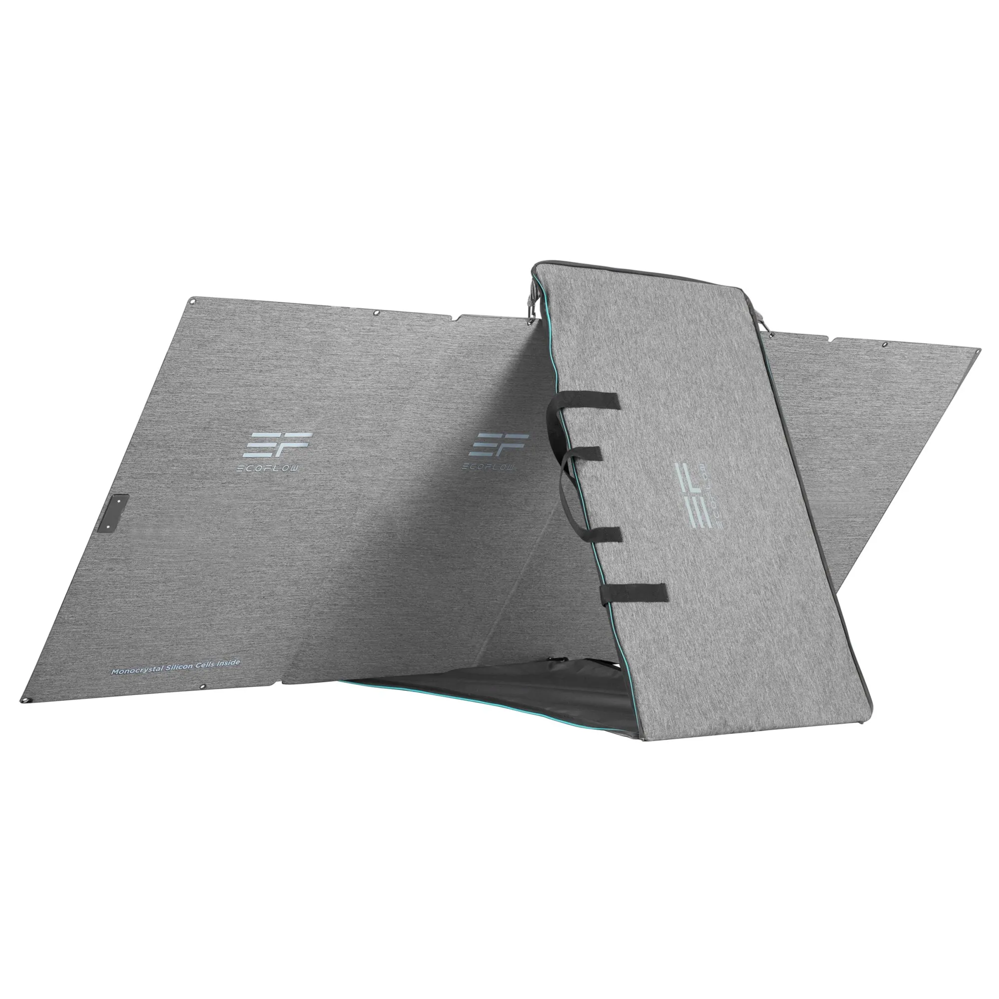 Faltbares graues EcoFlow-Solarmodul mit mehreren aufgeklappten Flächen, Tragegriffen und Standfunktion, 400 Wp