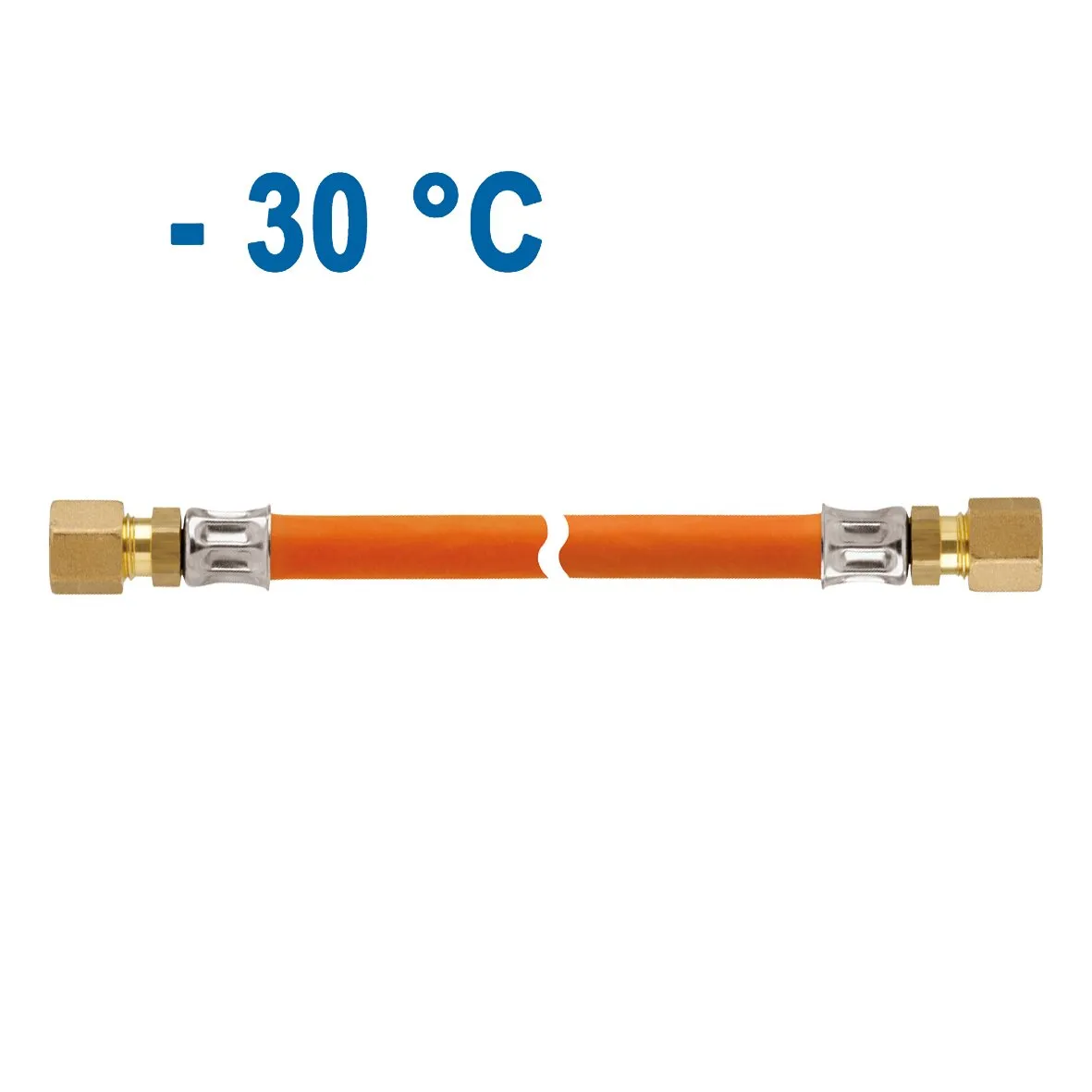 Orange Mitteldruck-Schlauchleitung, 400 mm, mit Messinganschlüssen RVS 8 x RVS 8 und Hinweis auf −30 °C