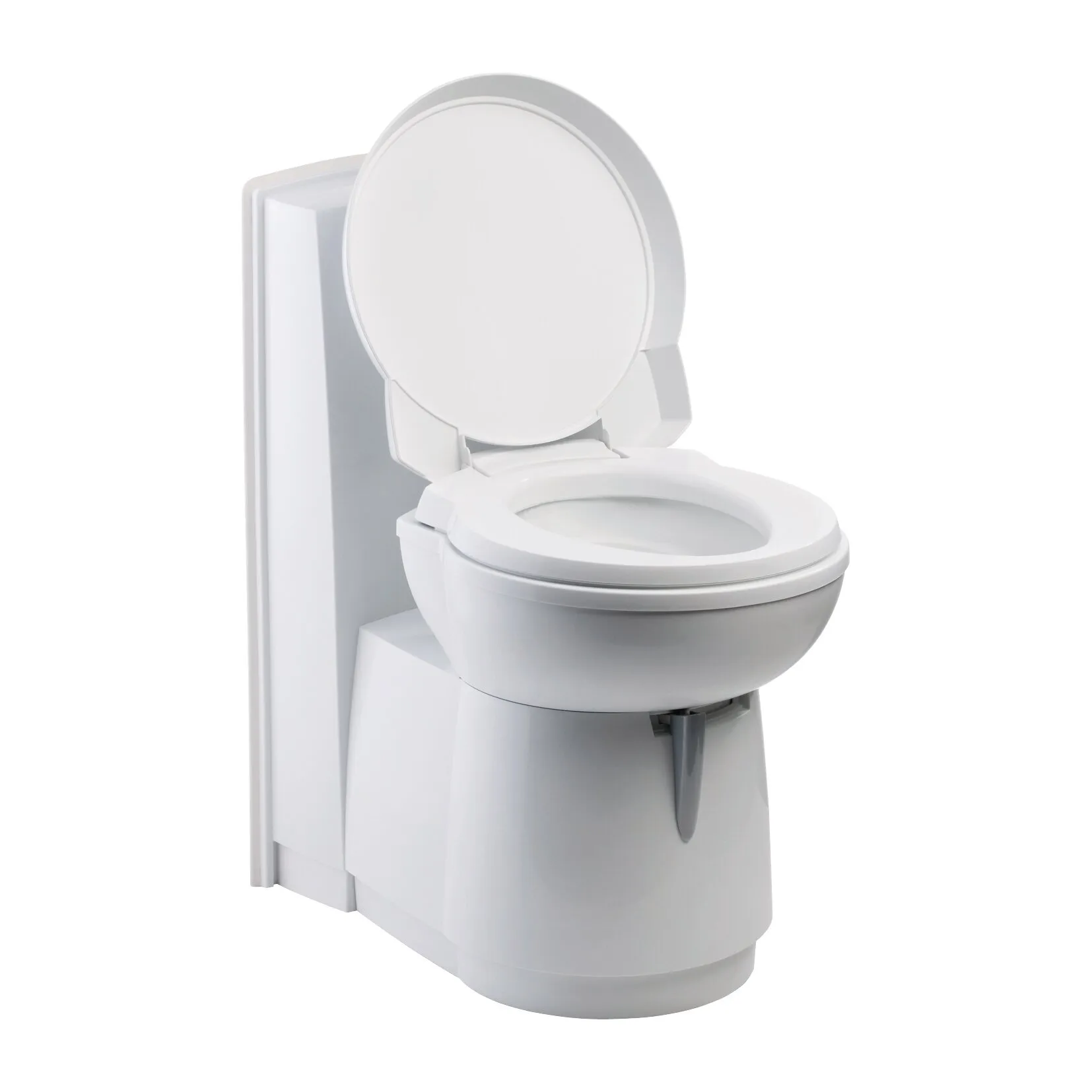 Weiße Cassettentoilette C260 Typ C263-CS CB in Dreiviertelansicht mit geschlossenem Deckel und sichtbarem Spülhebel