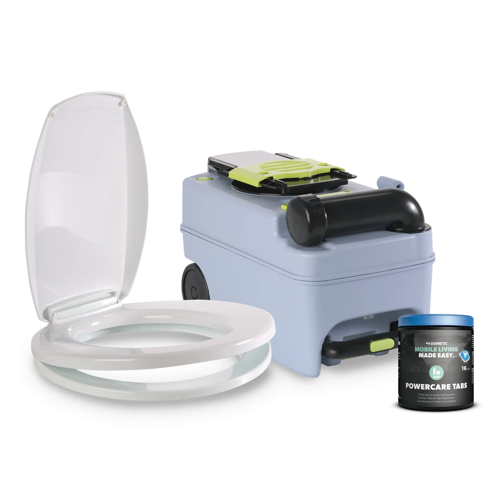 Dometic Renew Kit mit weißer tragbarer Toilette, blauem Aufbereitungsgerät und Dose Powercare Tabs für Fäkalientanks