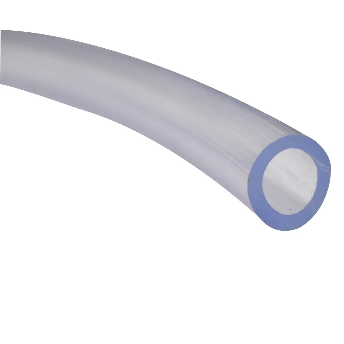 Transparenter PVC-Wasserschlauch mit blauem Rand, im Detail mit offenem rundem Schlauchende dargestellt, 50 m lang