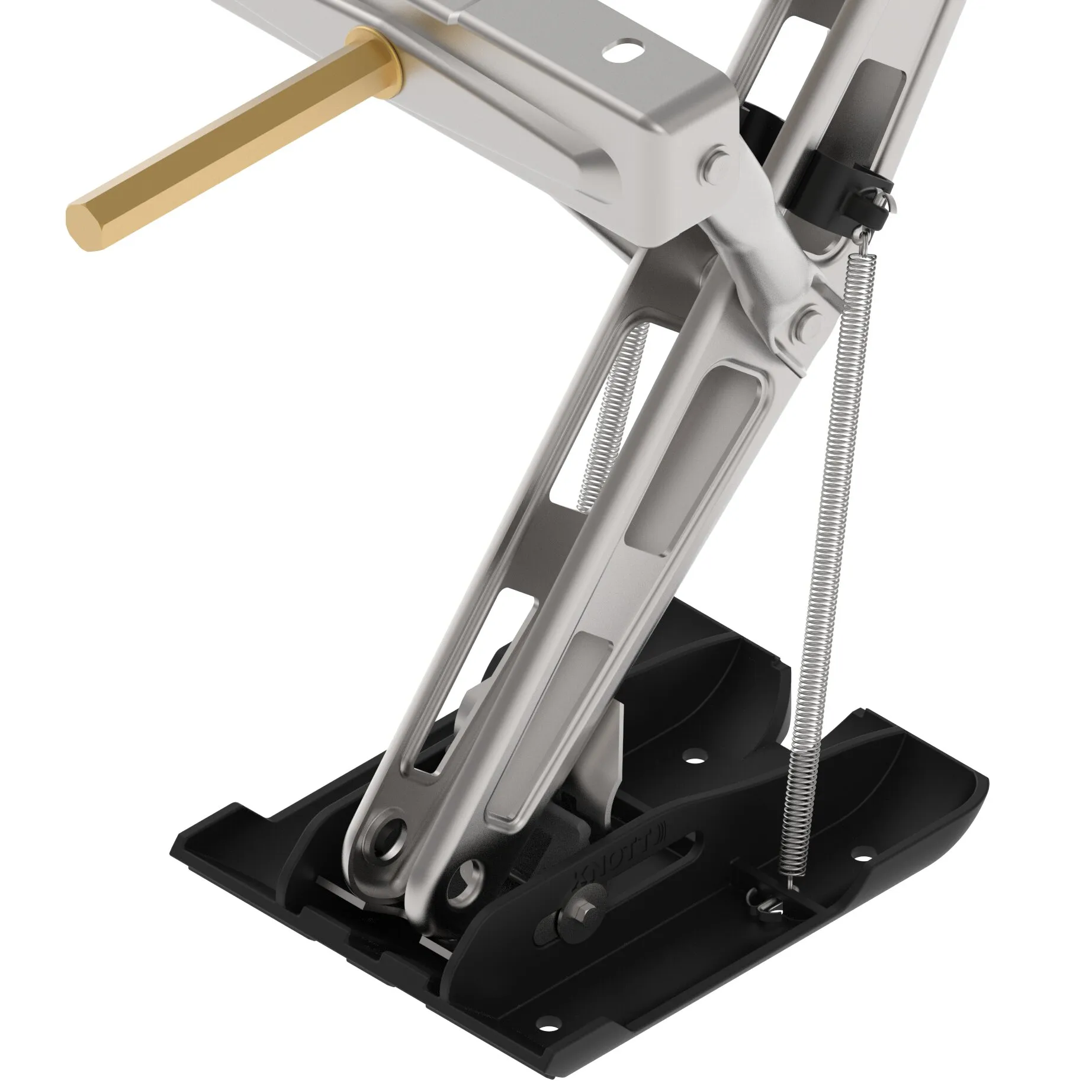 Schwarzes Stützplattenset Safety Base Standard mit silberner Metallhalterung, Federn und goldfarbenem Sicherungsstift in Detailansicht