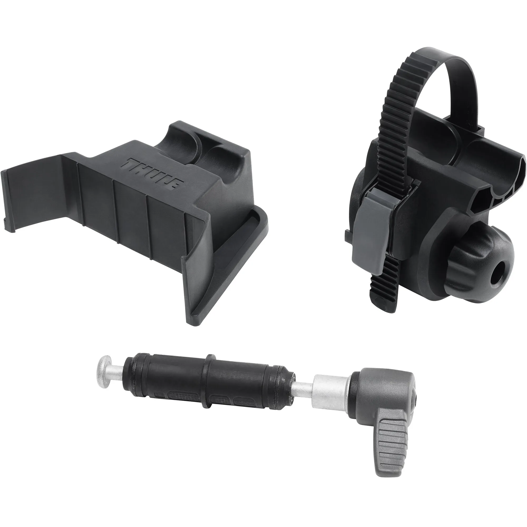 Schwarzes Quick-Release-Fork-Mount-Adapterkit mit Fahrradhalterung, gezahntem Befestigungsriemen und separater Steckachse