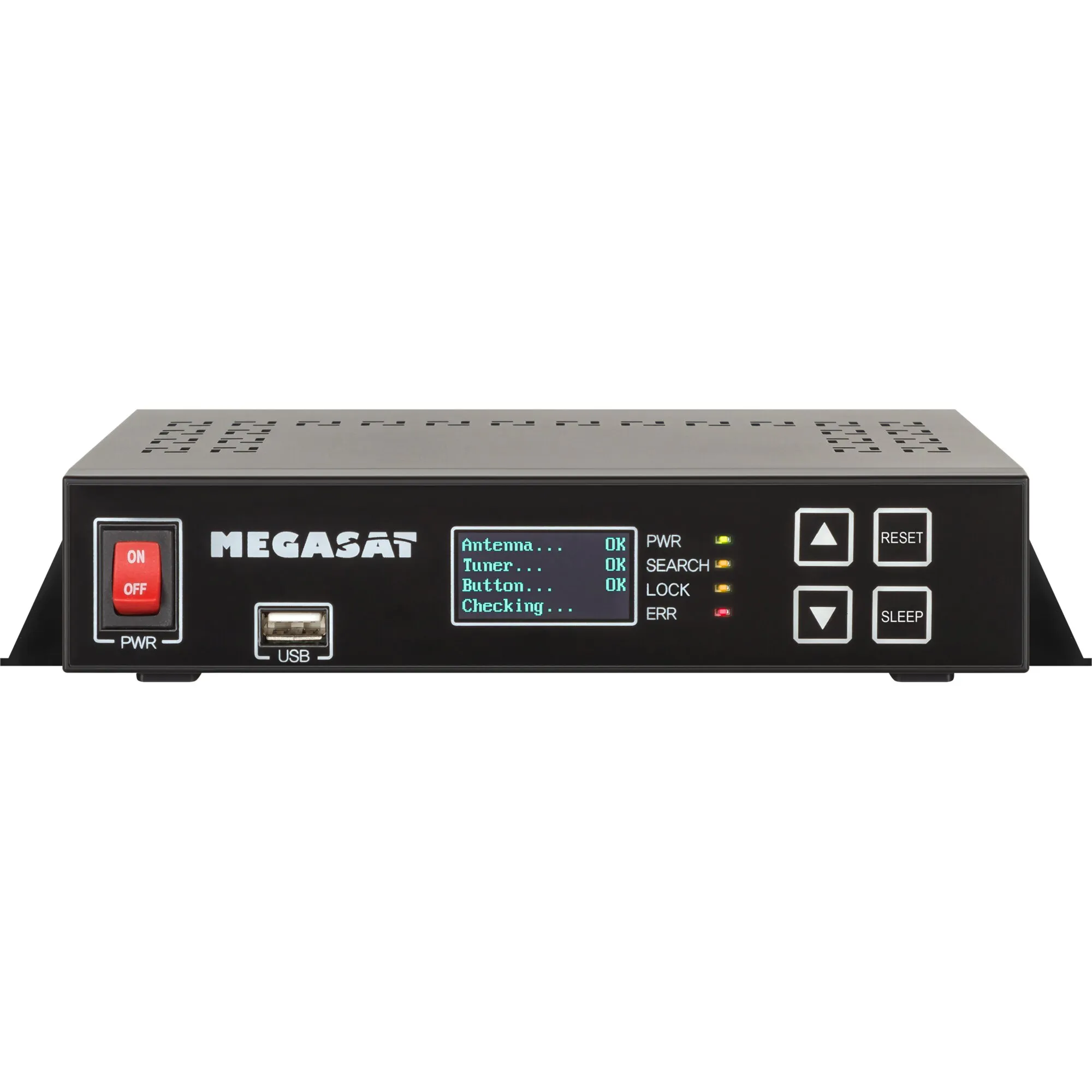 Schwarzer Megasat Shipman Sat-Receiver mit LCD-Display, USB-Anschluss, Statusanzeigen sowie Reset-, Sleep- und Pfeiltasten