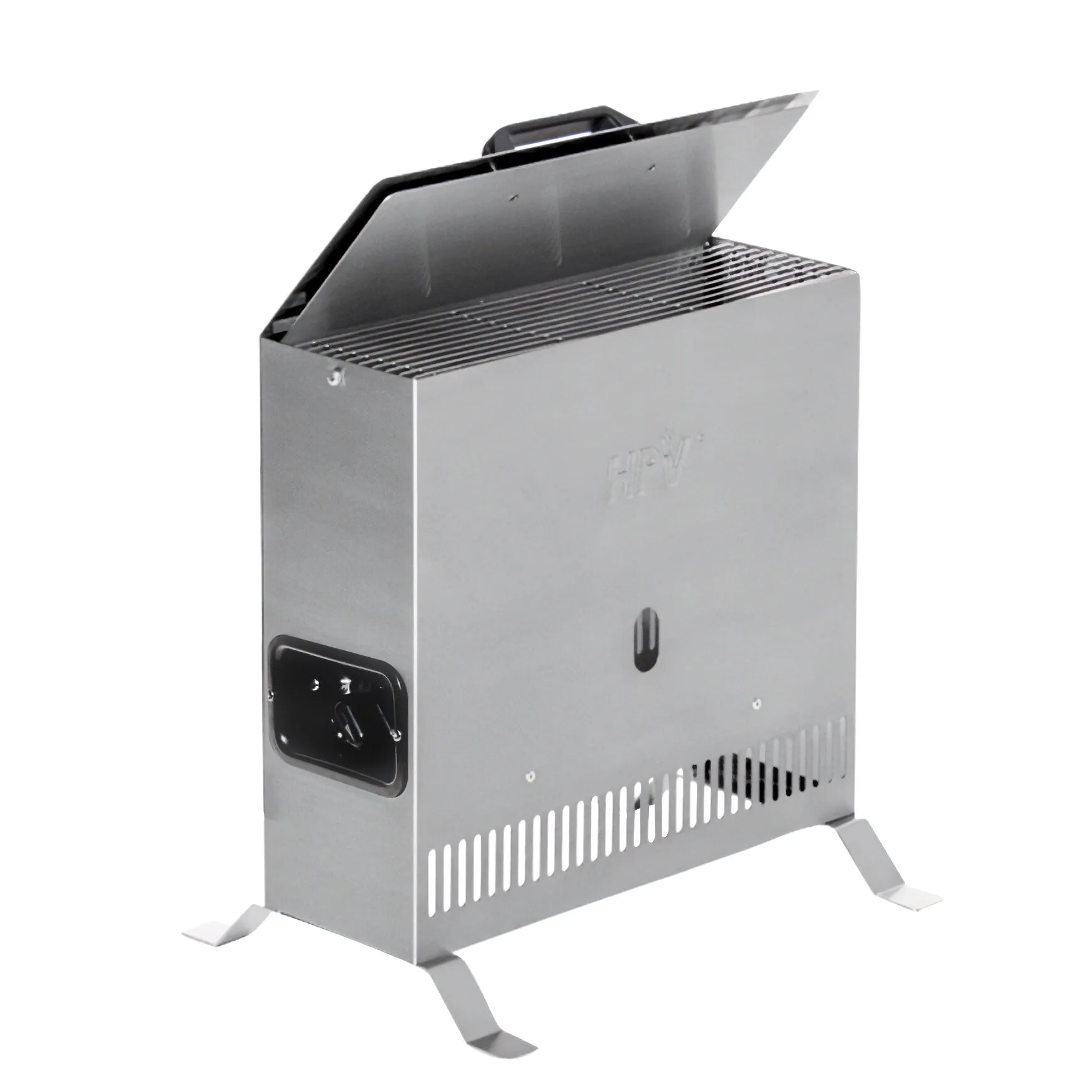 Edelstahl-Heizung SWH 4000 E mit Schutzgitter, seitlichem Bedienfeld, Tragegriff und vier Standfüßen