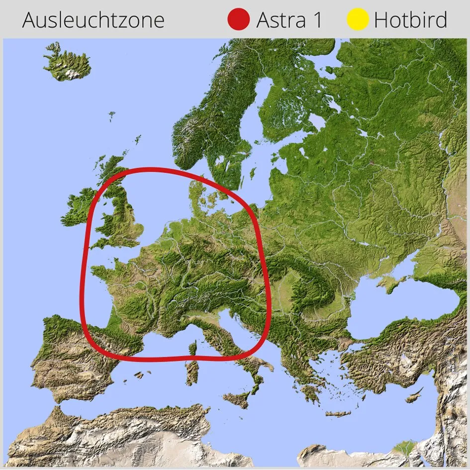 Karte Europas mit rot markierter Ausleuchtzone für Astra 1 und Hotbird zur Sat-Anlage Campingman Portable Eco