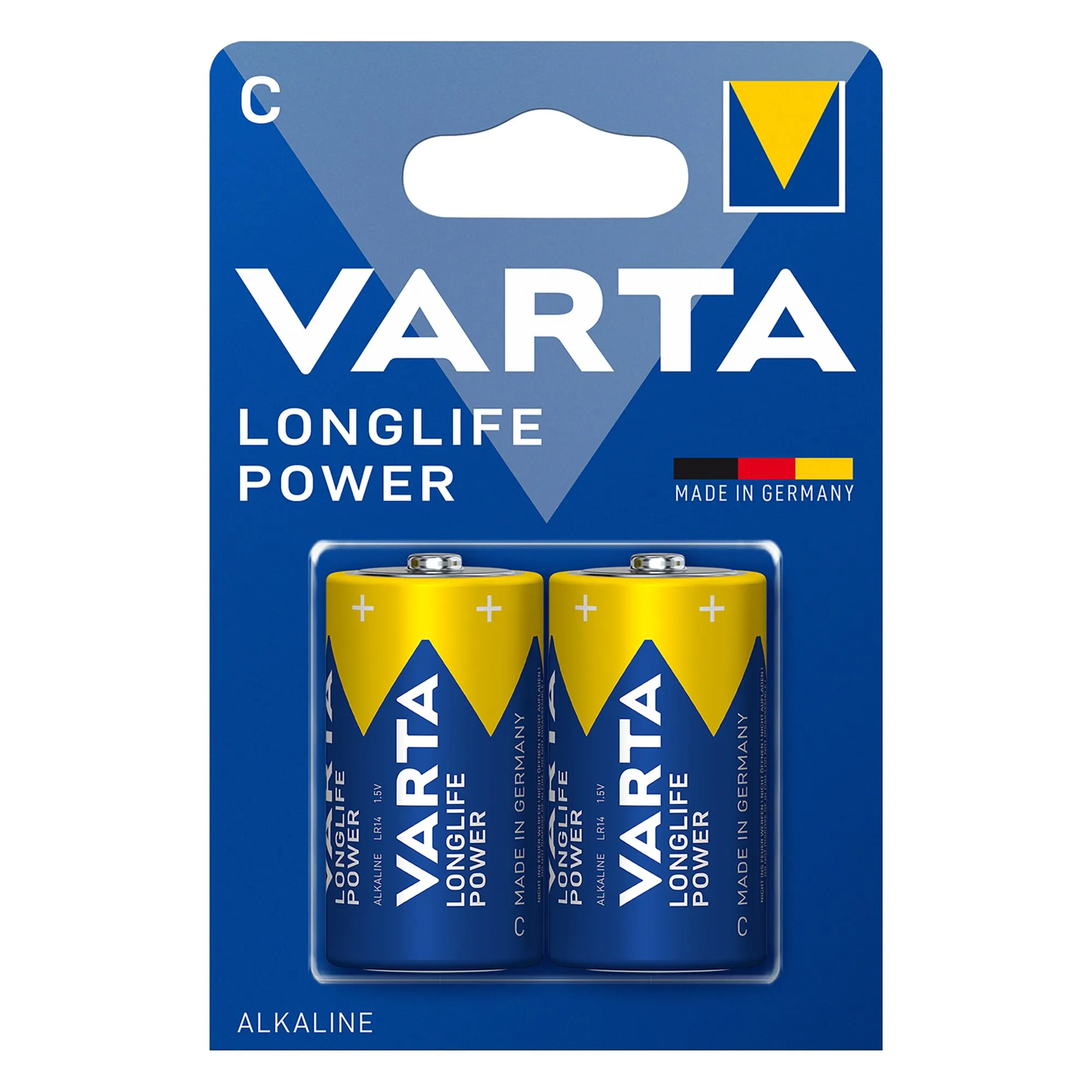 VARTA Longlife Power C BL4: Blaue Verpackung mit zwei gelb-blauen alkalischen C-Batterien, 1,5 Volt, hergestellt in Deutschland