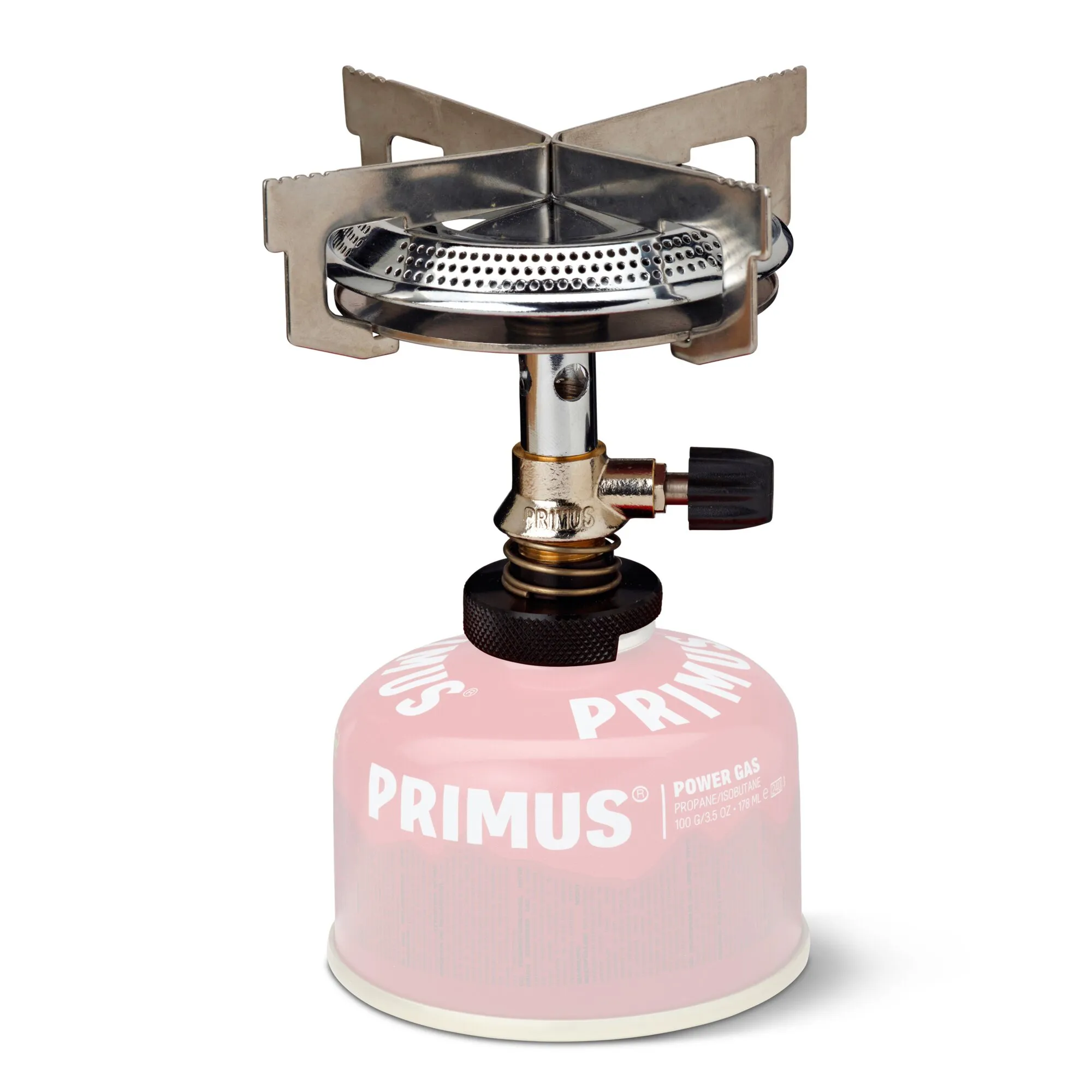 Primus Mimer Stove Duo Gaskartuschenkocher aus Edelstahl auf pinker Primus-Gaskartusche mit vier Topfauflagen und Drehregler