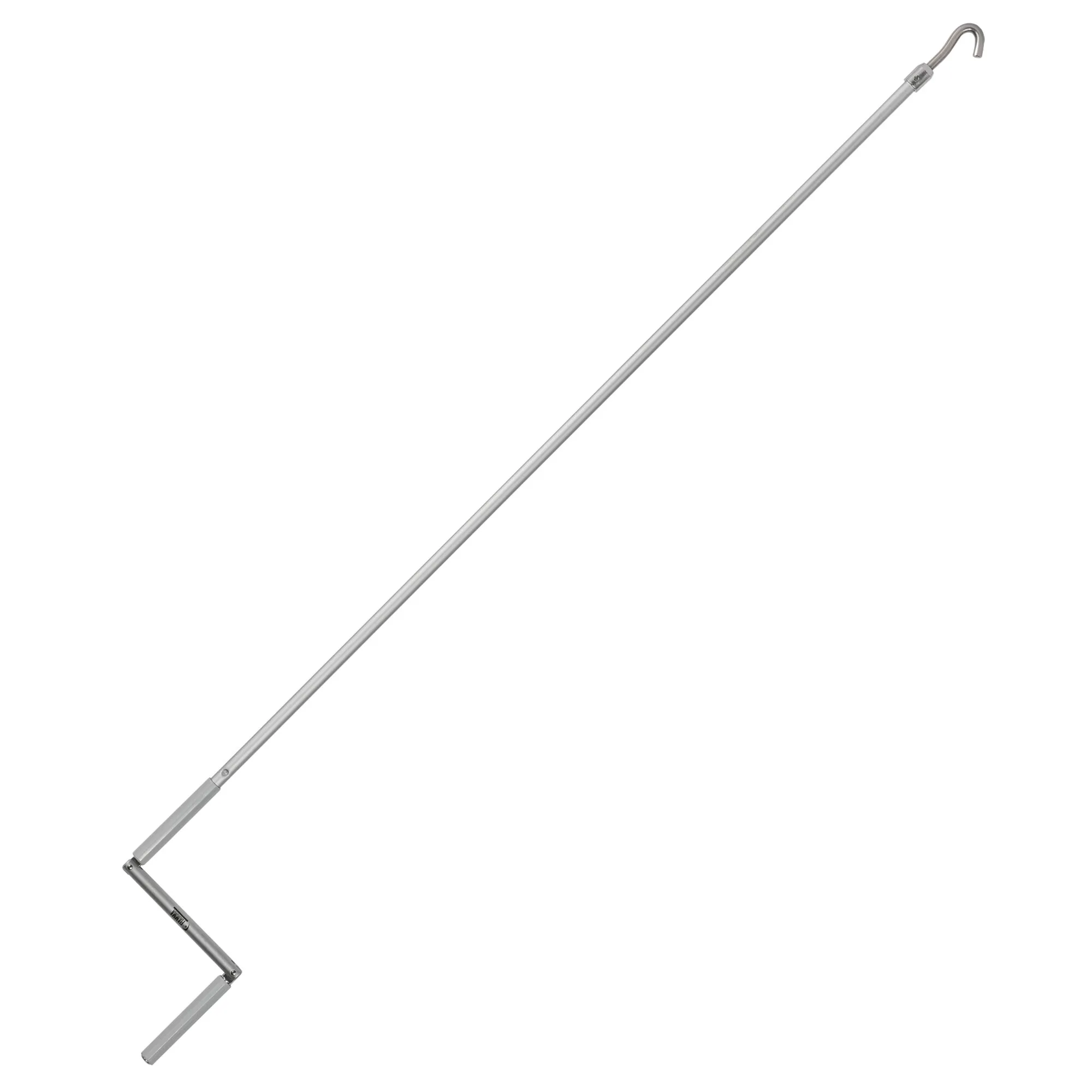 Aluminium-Handkurbel mit 123 cm langem Schaft, Haken am oberen Ende und abgewinkeltem Griff am unteren Ende