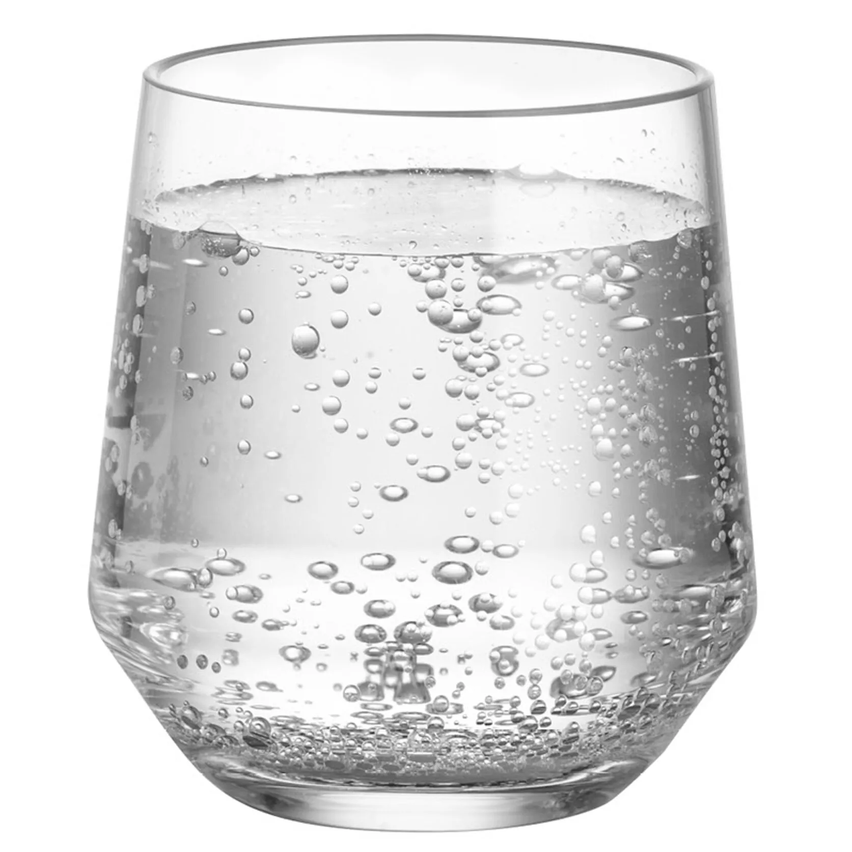 Klares Trinkglas Riserva in zylindrischer Form mit abgerundetem Boden, gefüllt mit sprudelndem Wasser und zahlreichen Luftblasen