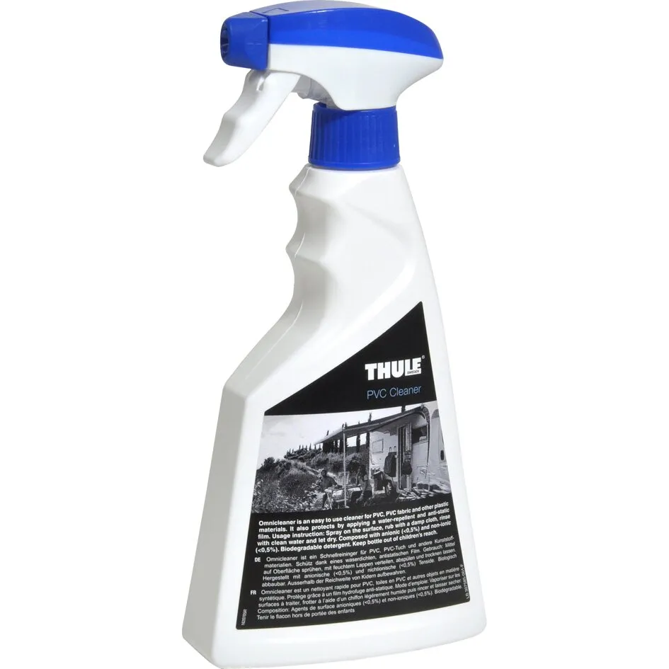 Weiße Sprühflasche mit blauem Sprühkopf und Etikett Thule PVC Cleaner zur Reinigung von PVC und Markisenstoffen