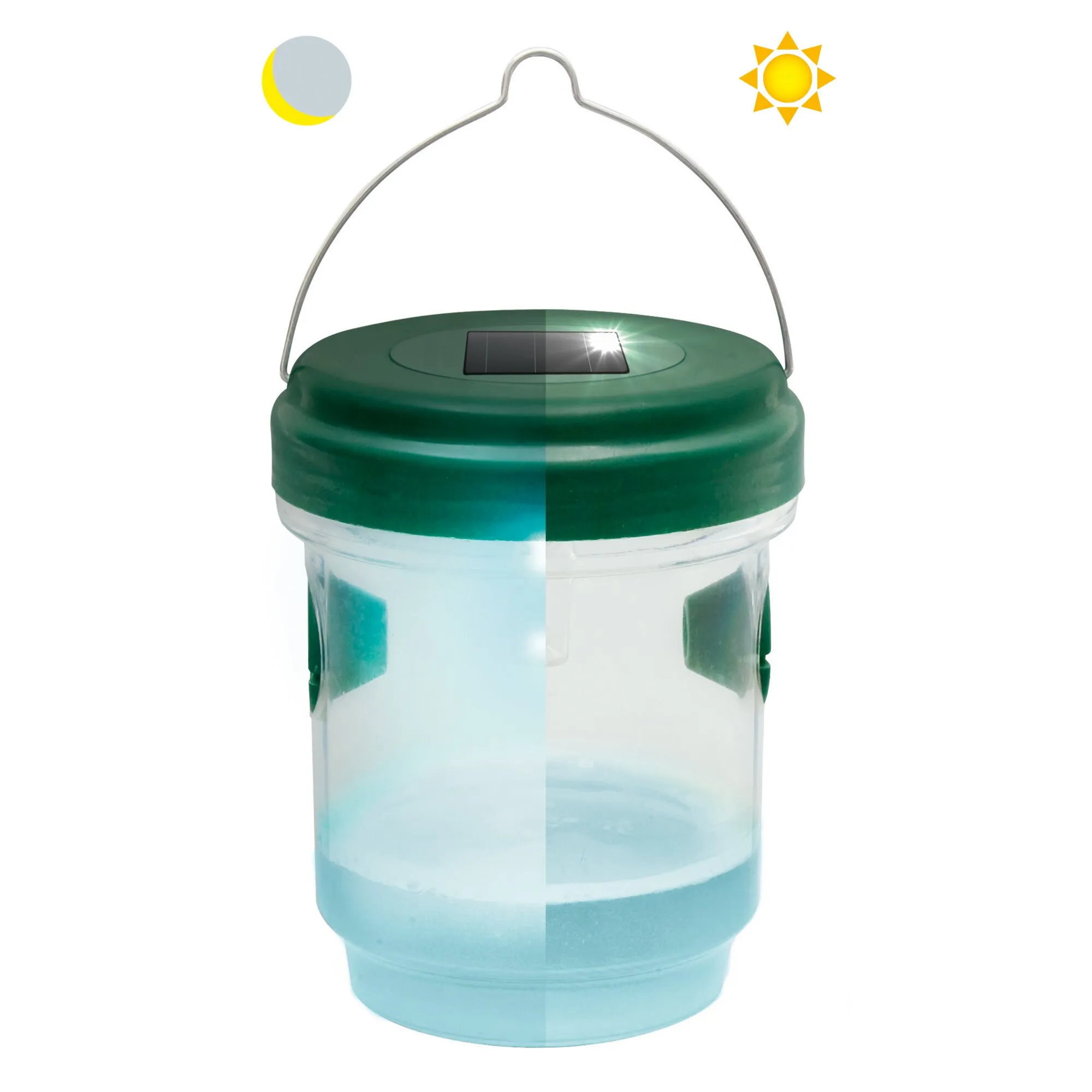 Gardigo Solar-Insektenfalle in zylindrischer Form mit grünem Deckel, transparentem Behälter, Solarpanel und Metallbügel zum Aufhängen
