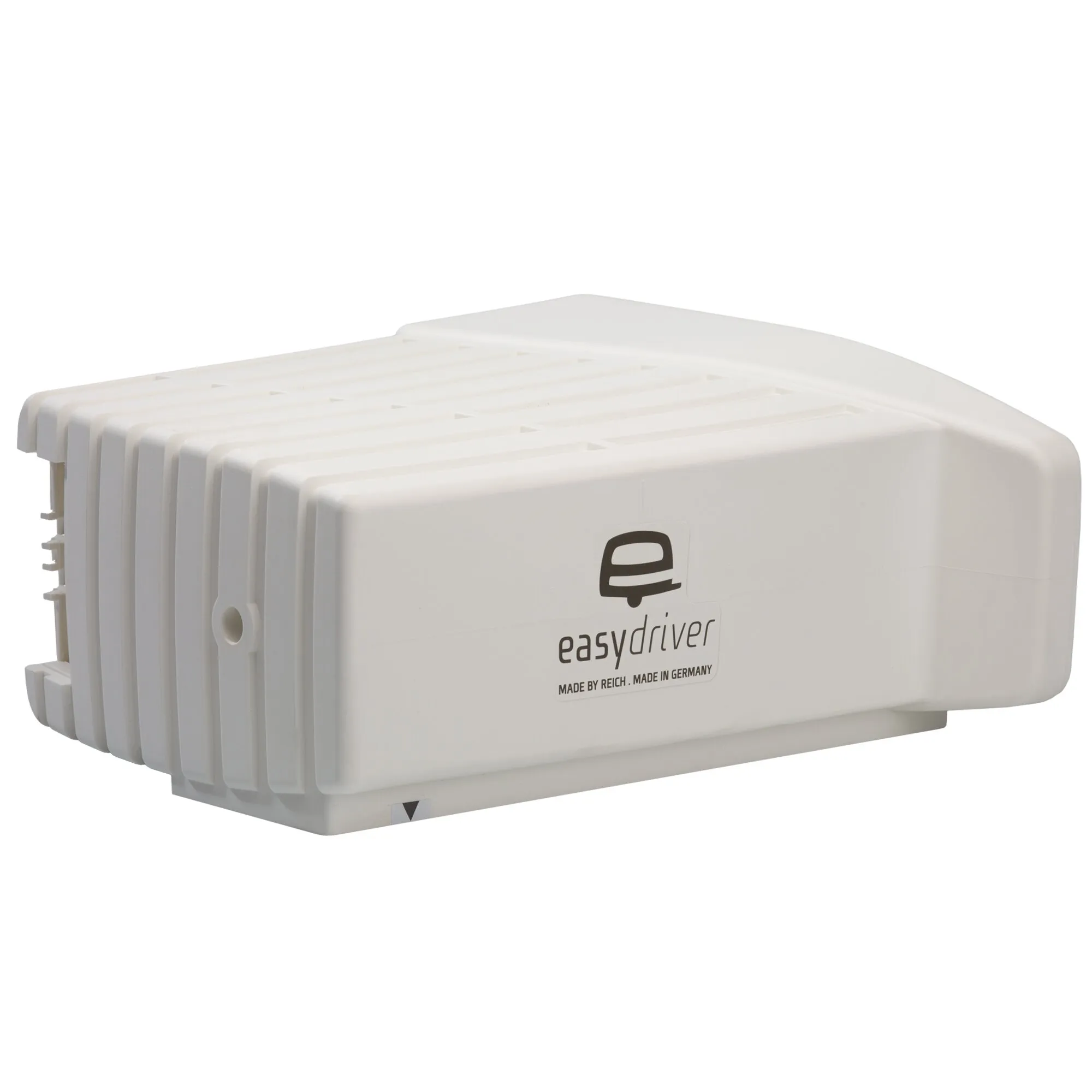 Weißes Außengehäuse easydriver active für die linke Seite mit gerippter Oberseite und seitlichem easydriver-Logo