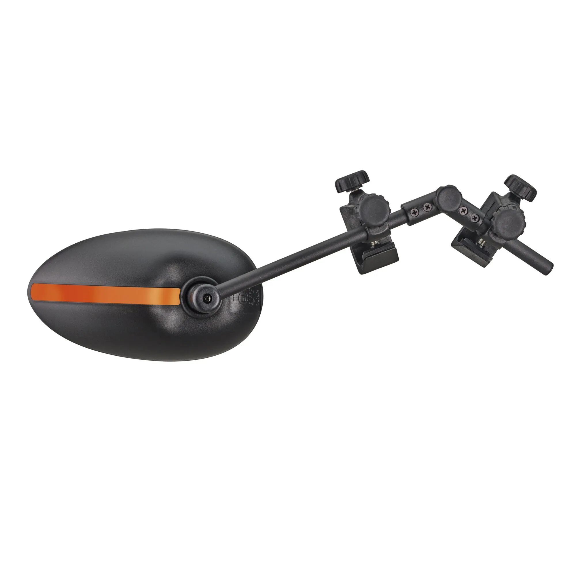 Schwarzer Caravanspiegel Speed Fix Mirror mit ovalem Spiegel, orangefarbener Markierung und verstellbaren Klemmbefestigungen