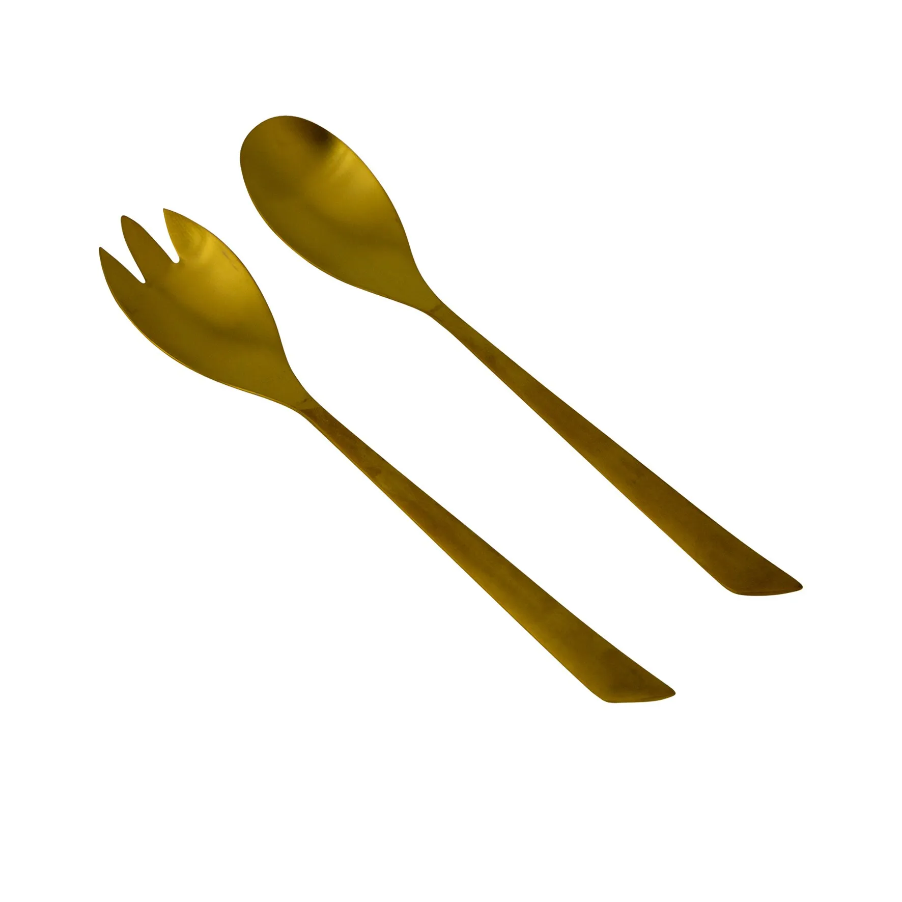 Goldfarbenes Salatbesteck aus zwei Teilen mit ovalem Servierlöffel und gezackter Salatgabel auf weißem Hintergrund