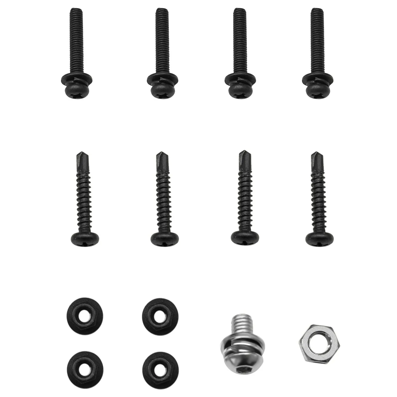 Verschiedene schwarze Schrauben unterschiedlicher Länge, runde Gummischeiben, eine silberne Kugelkopf-Schraube und eine Metallmutter
