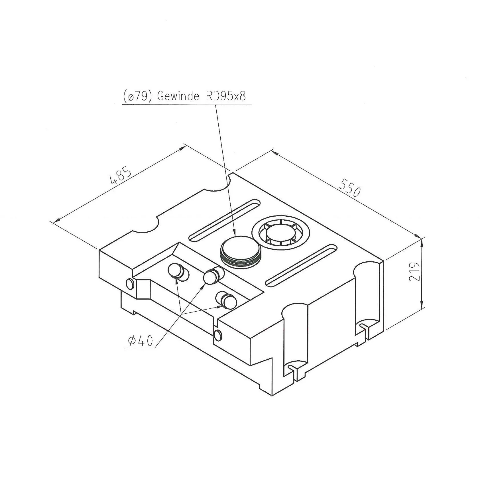 Technische Zeichnung des Frischwassertanks 45 Typ SM 108045 mit Anschlüssen, Gewinde RD95x8 und Maßen 550 × 485 × 219 mm
