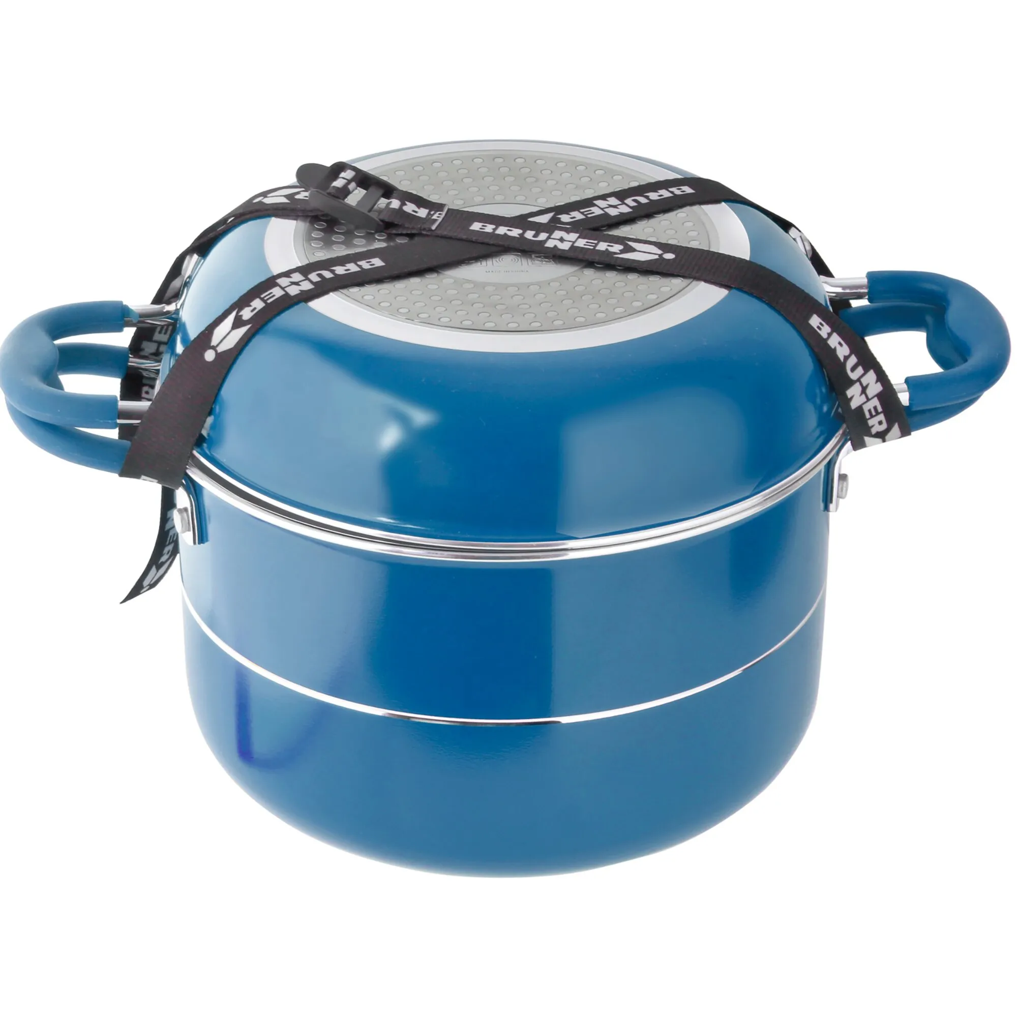 Blaues Kochtopf-Set Carezza 7 + 1 von Bruner mit zwei Seitengriffen, Metalldeckel und schwarzen Befestigungsbändern