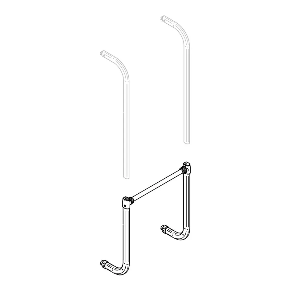 Strichzeichnung des Thule Elite G2/Esse4-Satzes mit Querstrebe und unteren Tragarmen links und rechts als U-förmige Metallteile