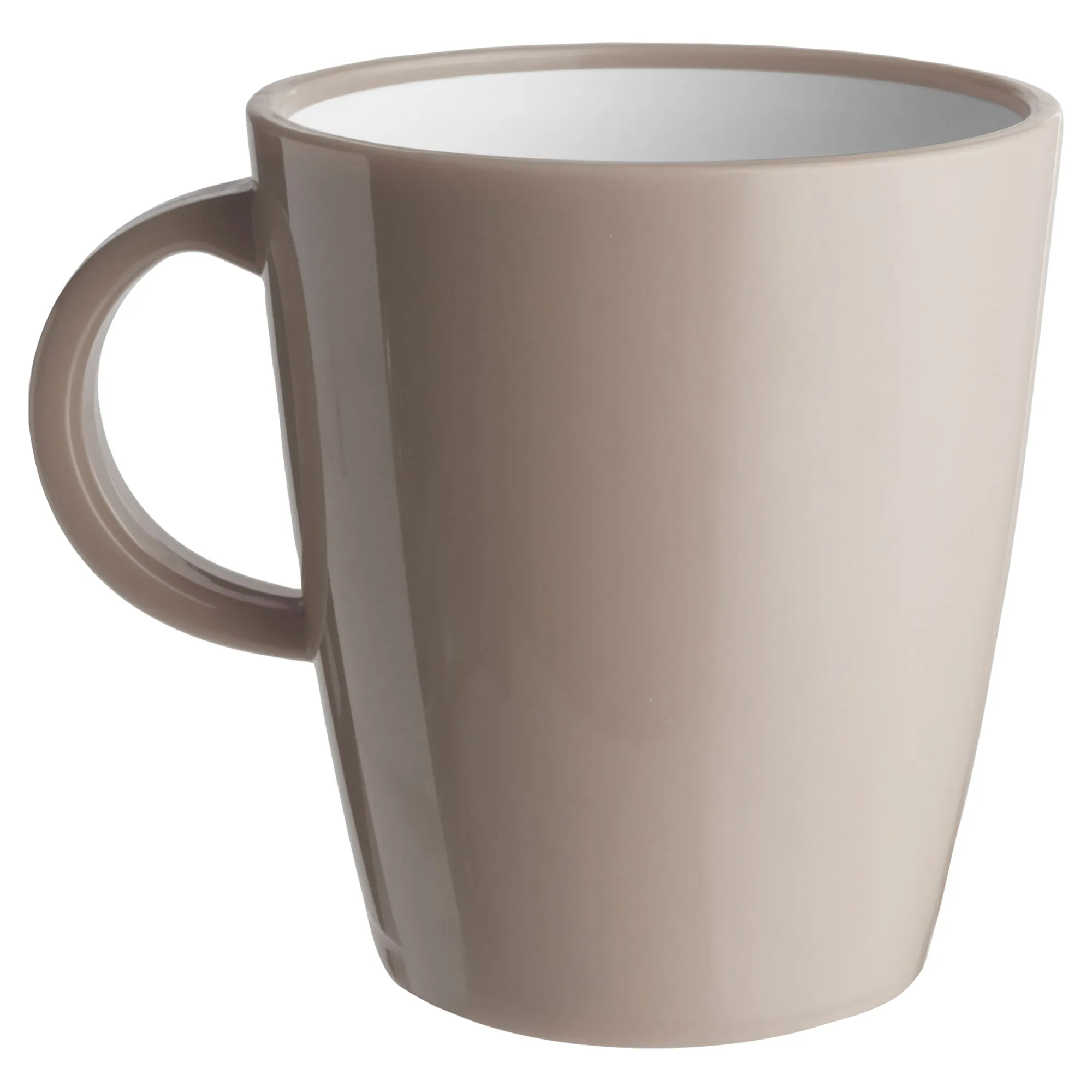 Amadé Tasse aus beigefarbener Keramik mit rundem Henkel und glatter, leicht konischer Form in Nahaufnahme
