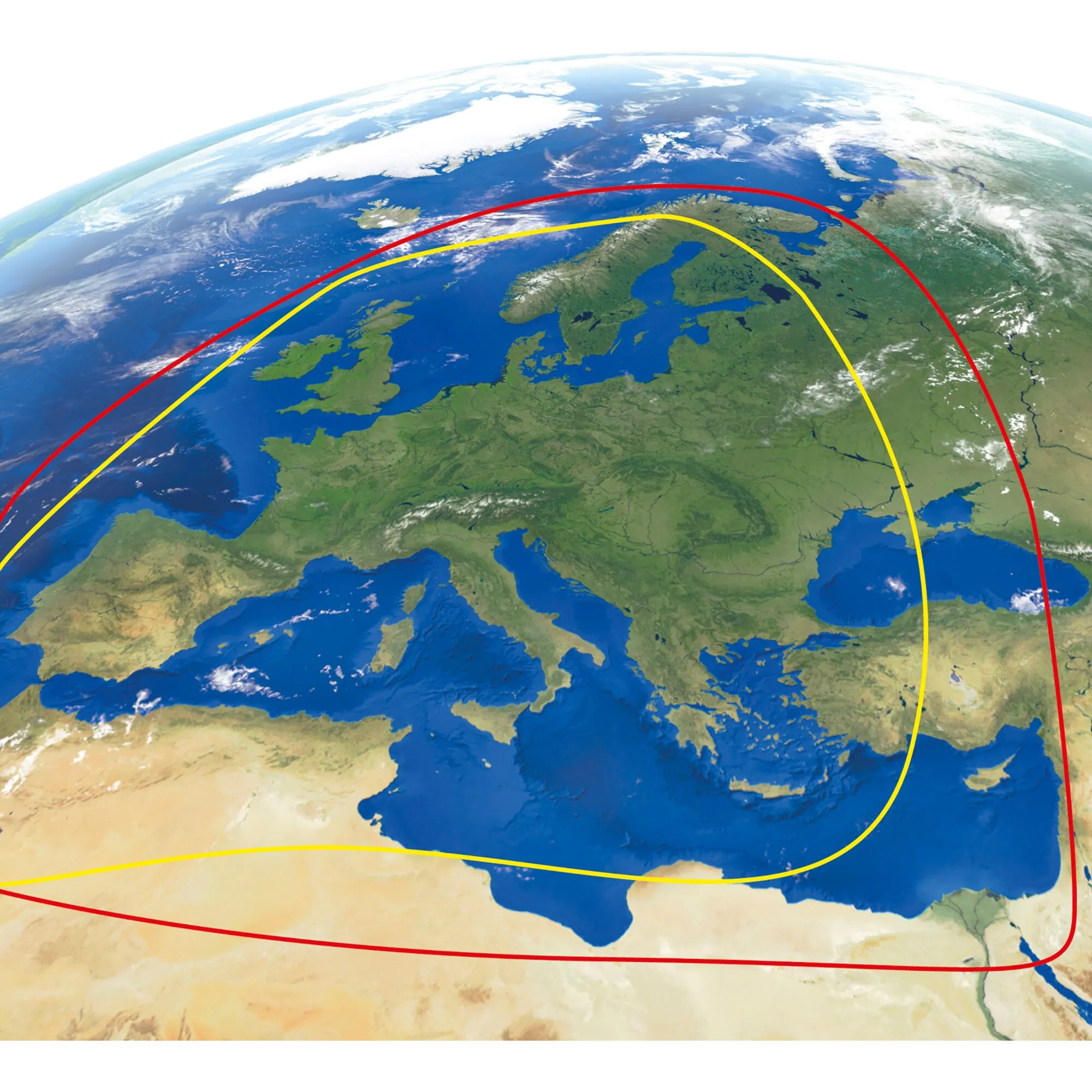 Empfangskarte der Sat-Anlage Oyster® Vision Twin, 85 cm, mit roten und gelben Empfangsbereichen über Europa und dem Mittelmeerraum