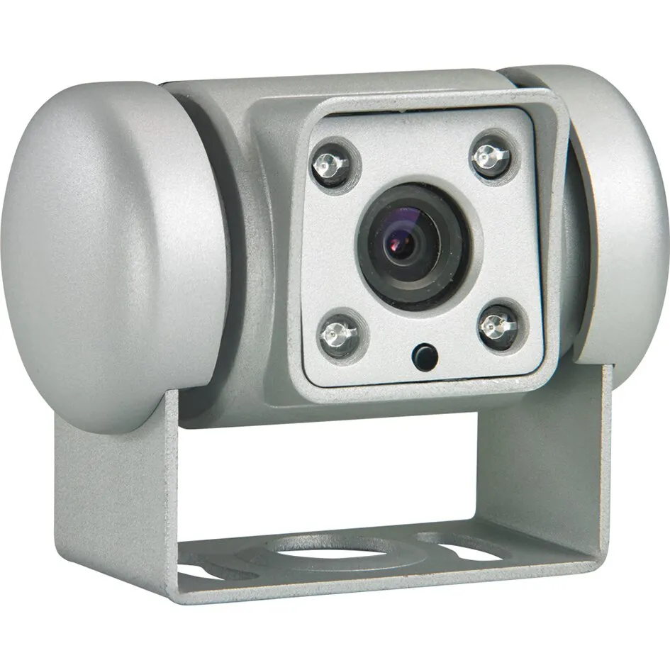 Silberne Rückfahrkamera PerfectView CAM 45 NAV mit zentraler Linse, vier Schrauben und U-förmiger Montagehalterung