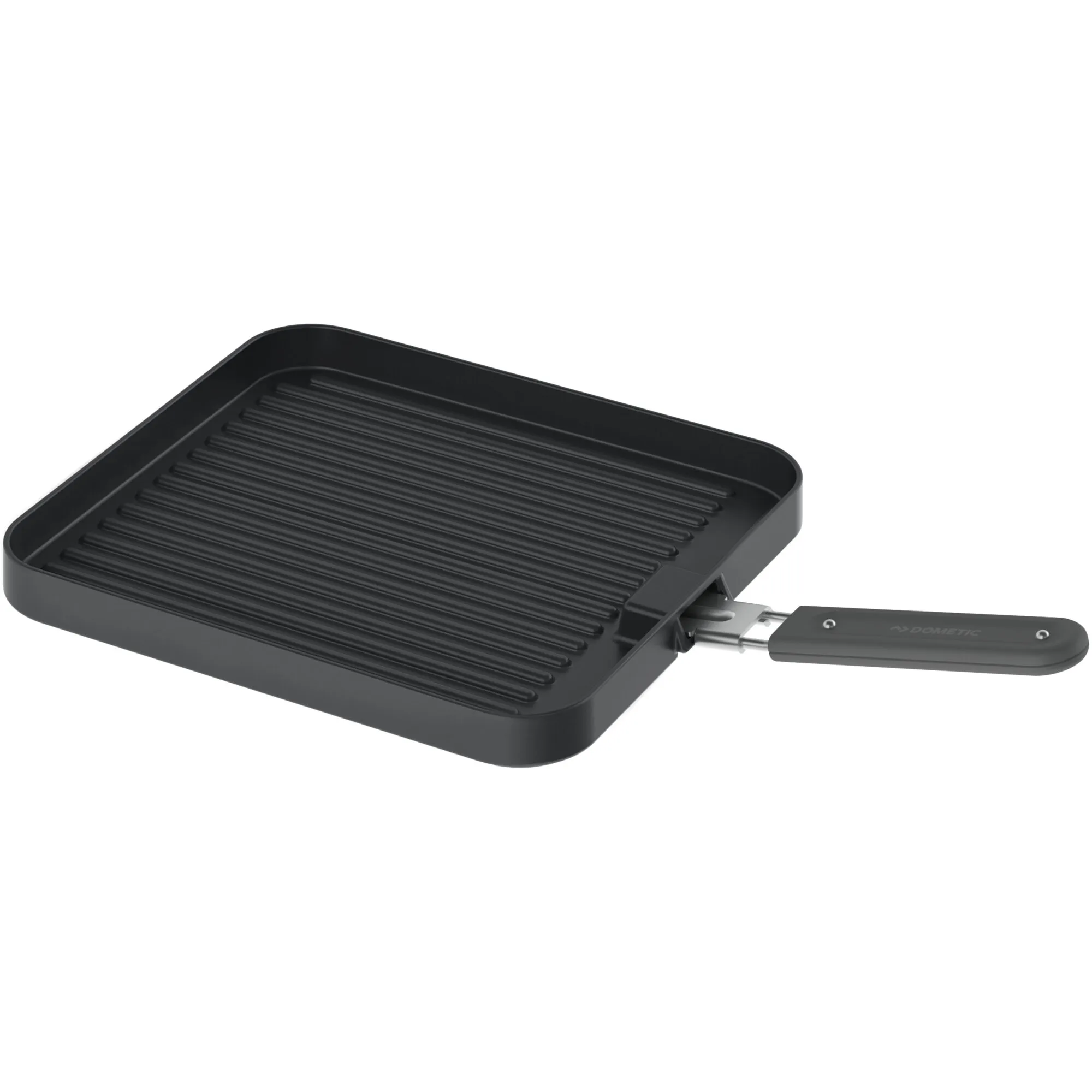 Schwarze rechteckige Universal-Grillplatte mit geriffelter Grillfläche, hohem Rand und abnehmbarem Dometic-Griff
