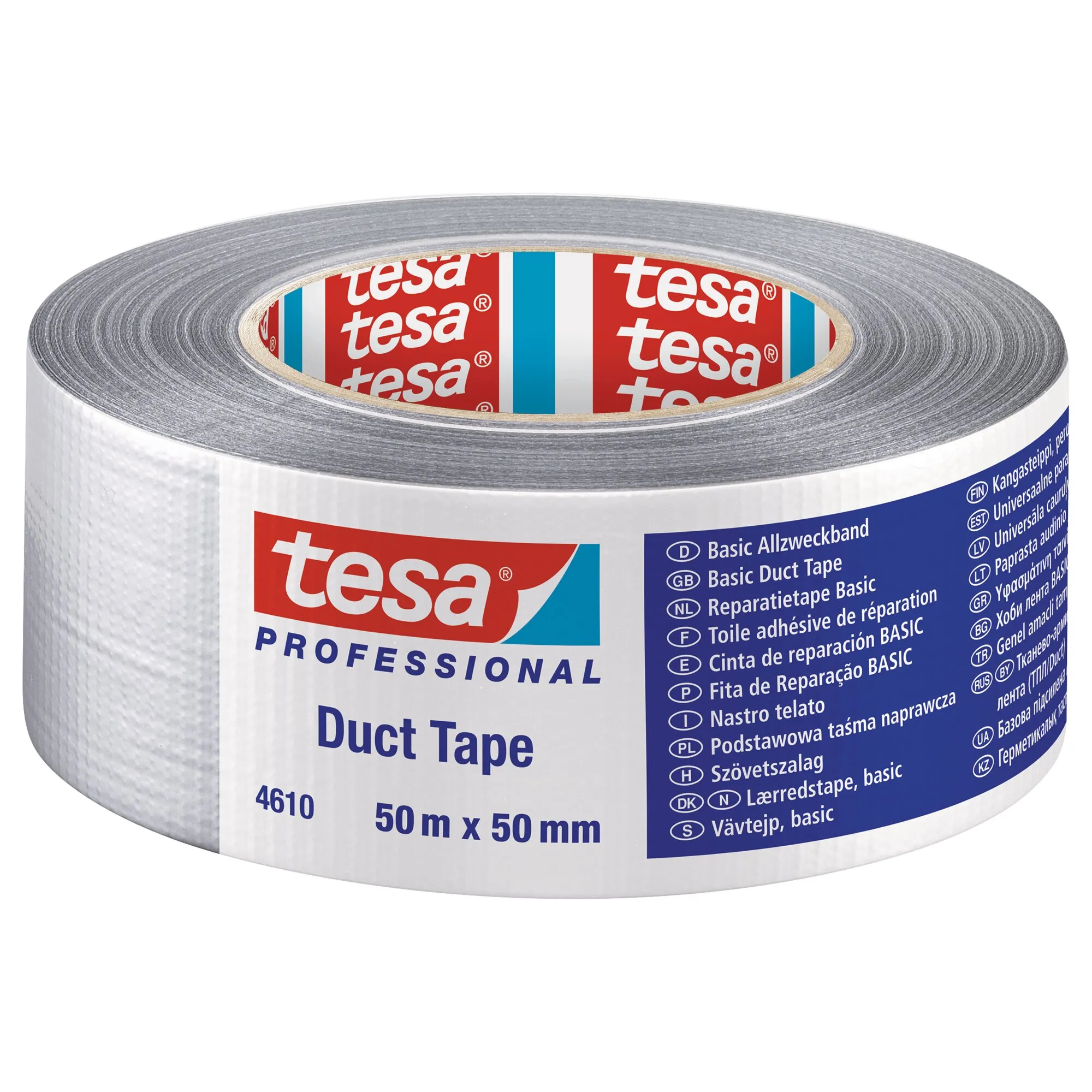 Graue Rolle tesa Professional 4610 Steinband Basic, beschriftet mit Duct Tape und 50 m x 50 mm, auf weißem Hintergrund