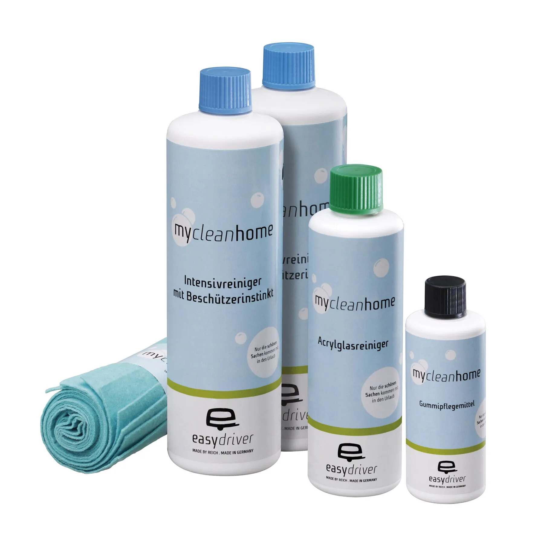 Pflegeset mycleanhome mit vier Reinigungsmittelflaschen für Intensiv-, Acrylglas- und Gummipflege sowie türkisfarbenem Reinigungstuch