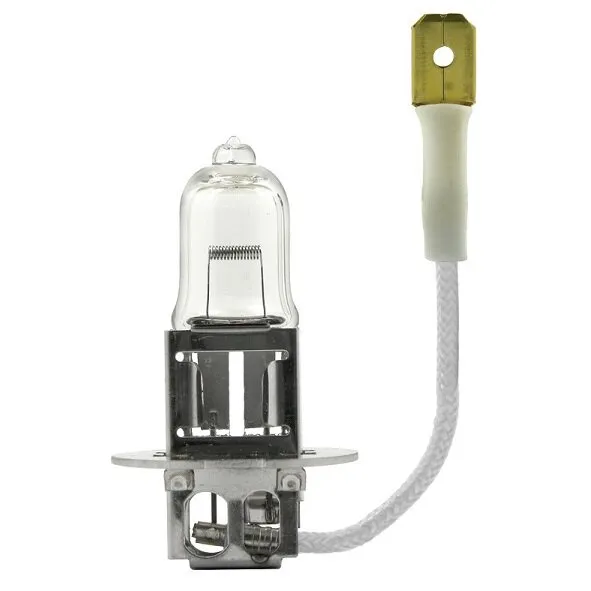 Halogenlampe mit PK22s-Sockel, klarem Glaskolben, Metallhalterung und weißem, geflochtenem Anschlusskabel