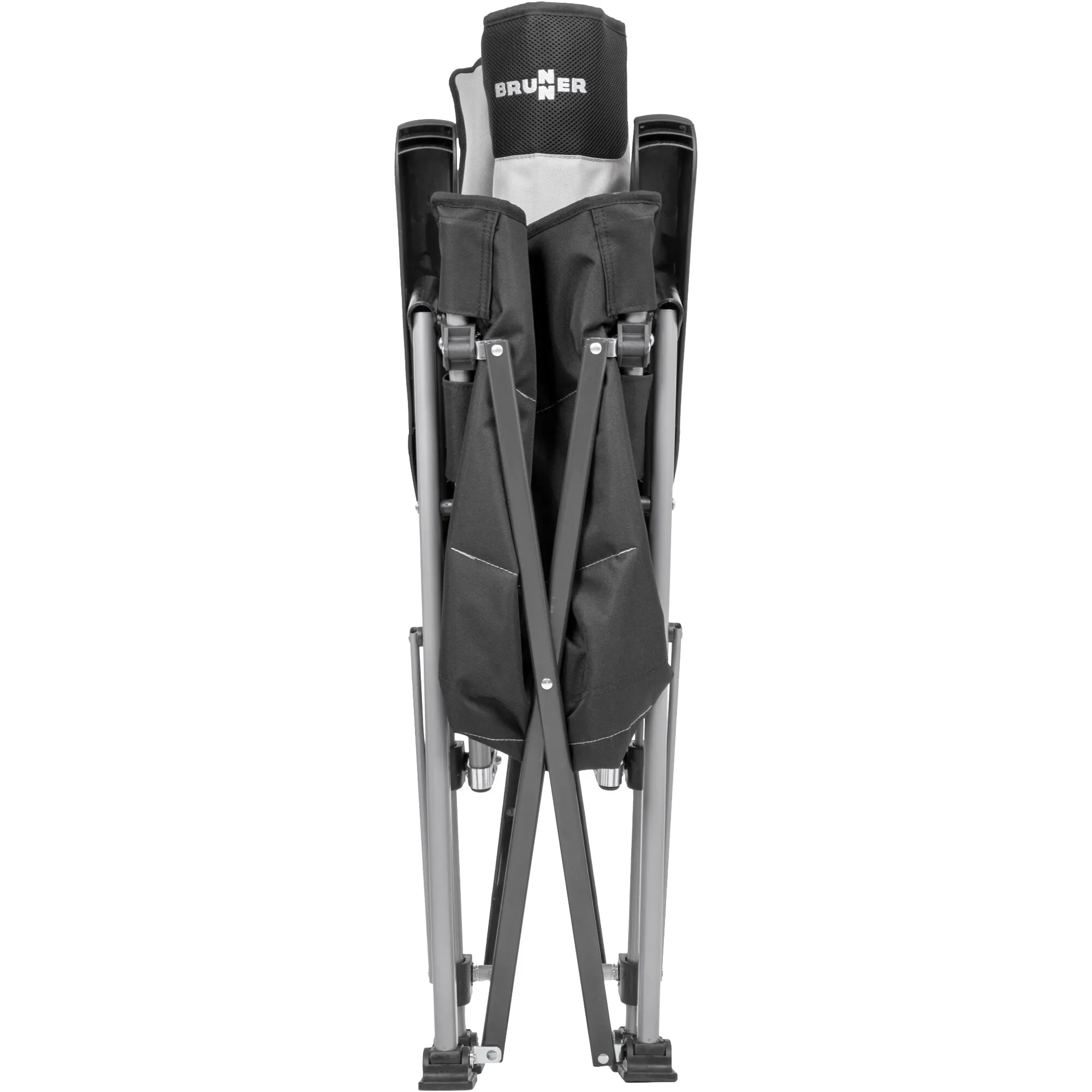 Zusammengeklappter grauer Faltstuhl Raptor Highback mit schwarzem Stoffbezug, Aluminiumgestänge und sichtbarem BRUNNER-Logo