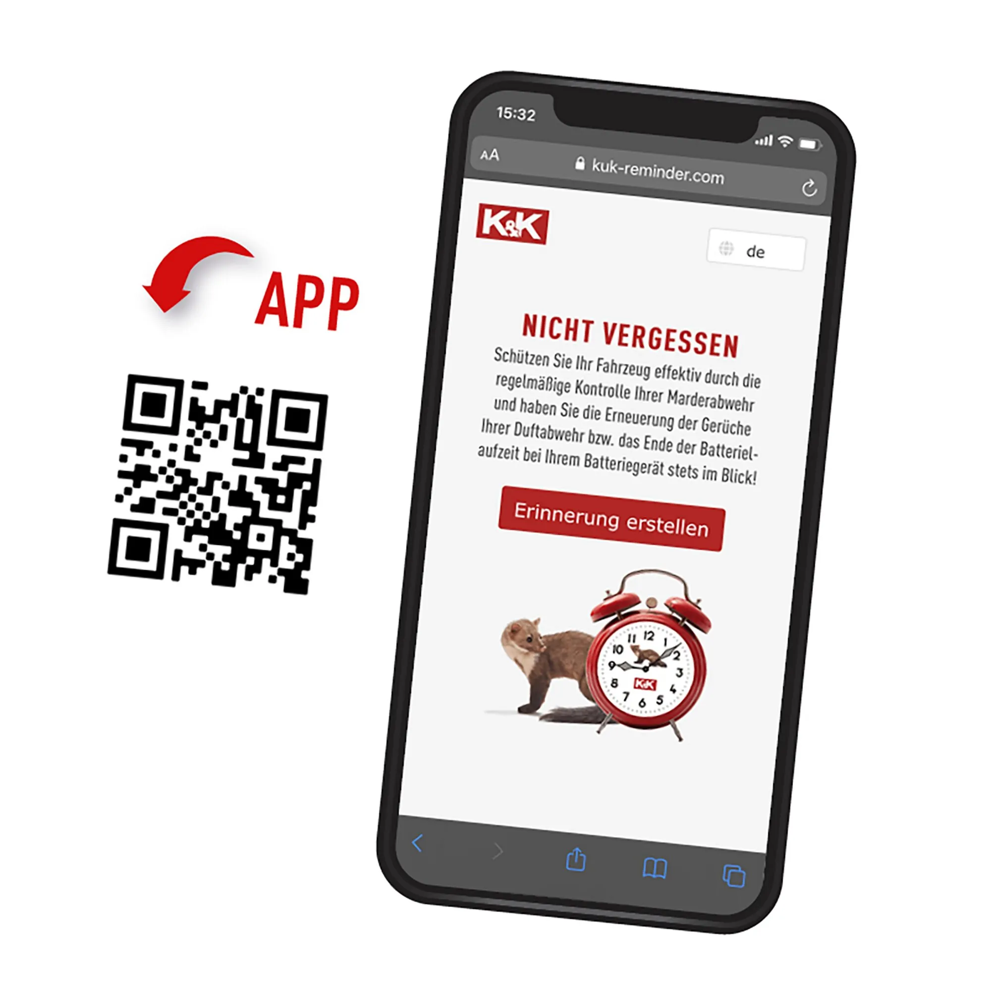 Smartphone mit kuk-reminder.com und QR-Code zur App für das Marderabwehrgerät M9300, inklusive Erinnerungen an Kontrolle und Batteriewechsel