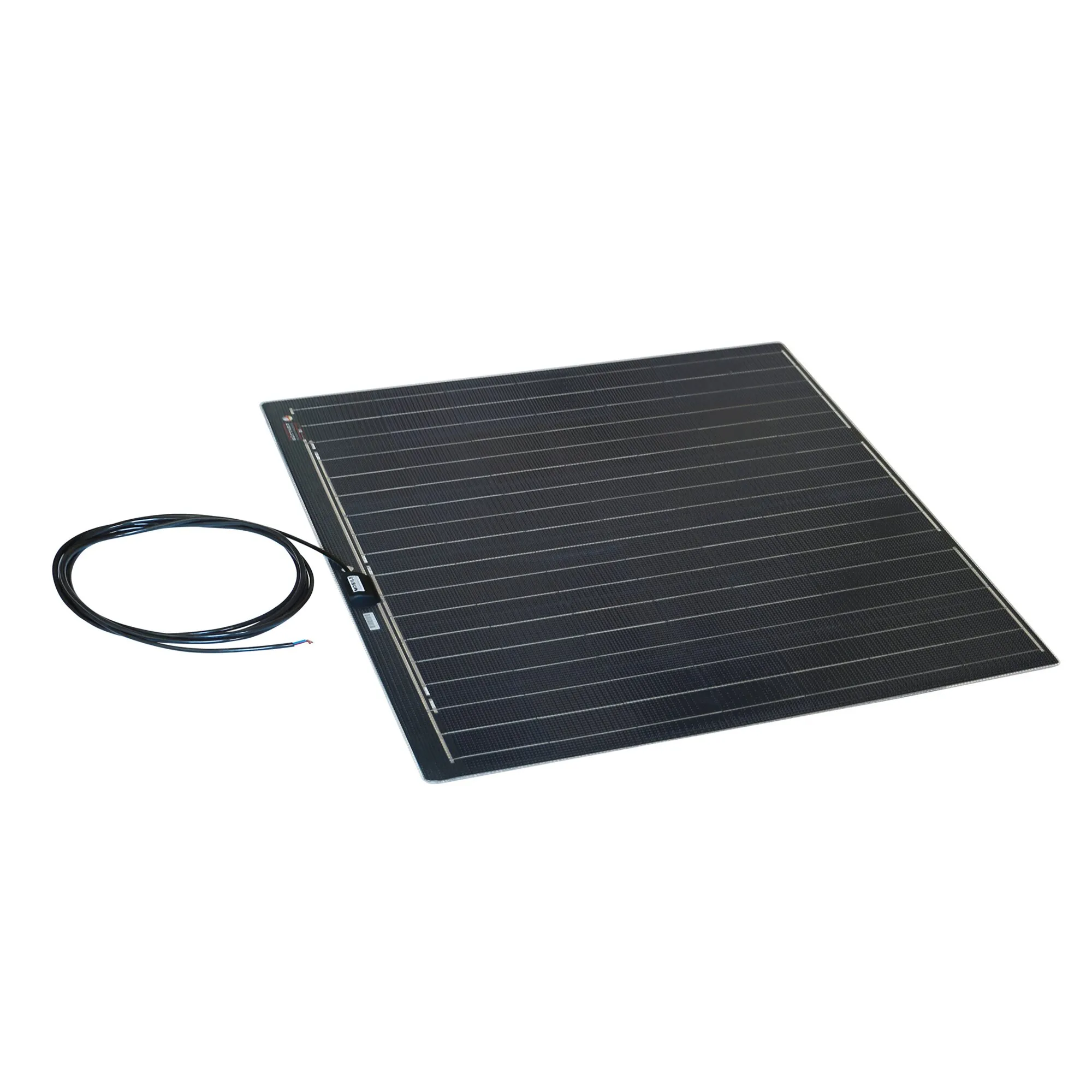 Solarmodul Flat Light Q als flache schwarze rechteckige Solarplatte mit sichtbaren Solarzellen und angeschlossenem Kabel