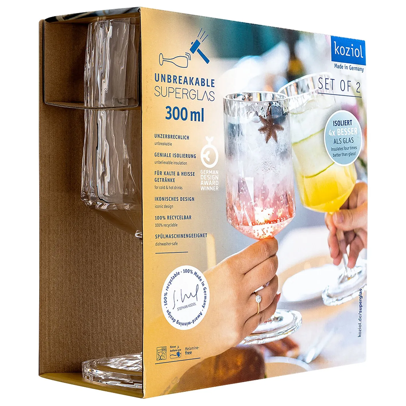 Offene Verpackung mit zwei transparenten Superglas-Club-Rotweingläsern von Koziol, 300 ml, mit facettiertem Design und Stiel