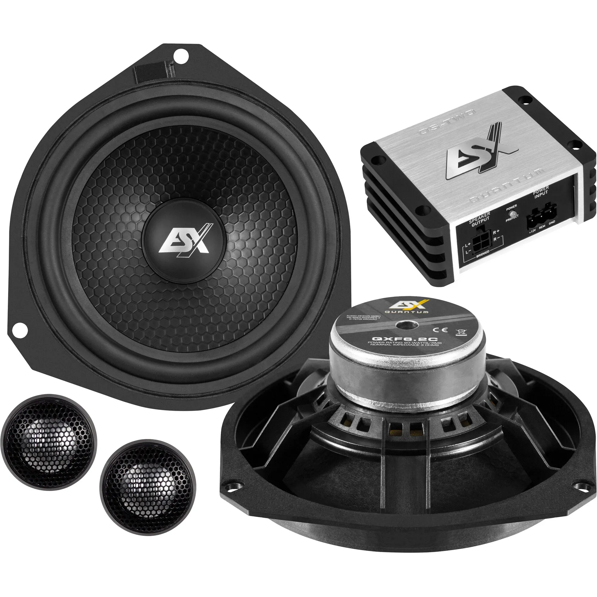 Soundsystem ESX DBJ-Kit 2 mit großem Tieftöner, zwei Hochtönern und silber-schwarzer Endstufe in Detailansichten