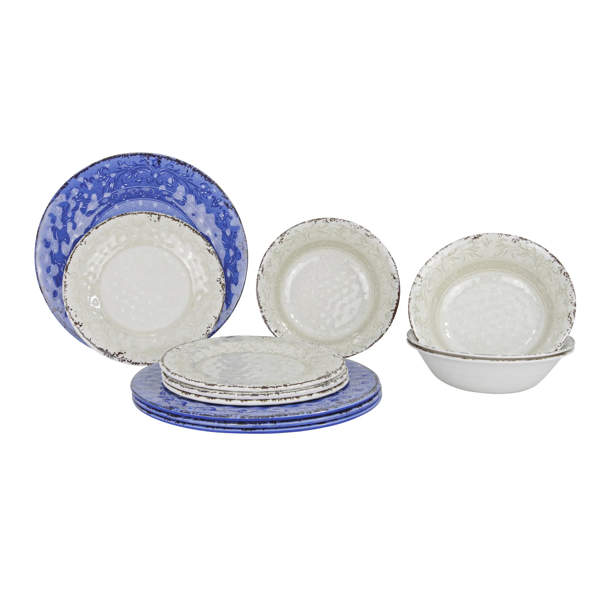 Geschirrset Stone Line mit weißen Tellern und Schalen, floralen Ornamenten, braunen Rändern und blau gemusterten Tellern