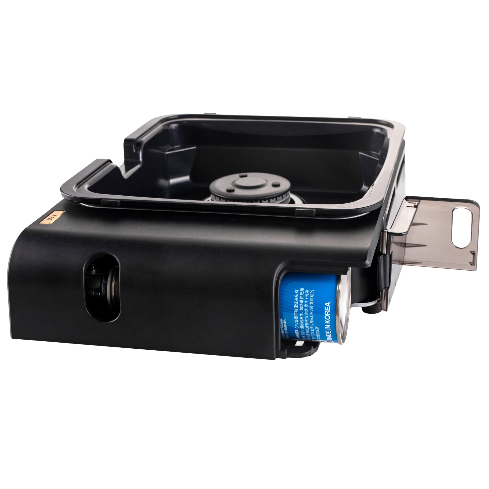 Campingkocher Van Cook FFD BBQ Plate, schwarzer tragbarer Kocher mit offener Brennerplatte und sichtbarer blauer Gaskartusche seitlich