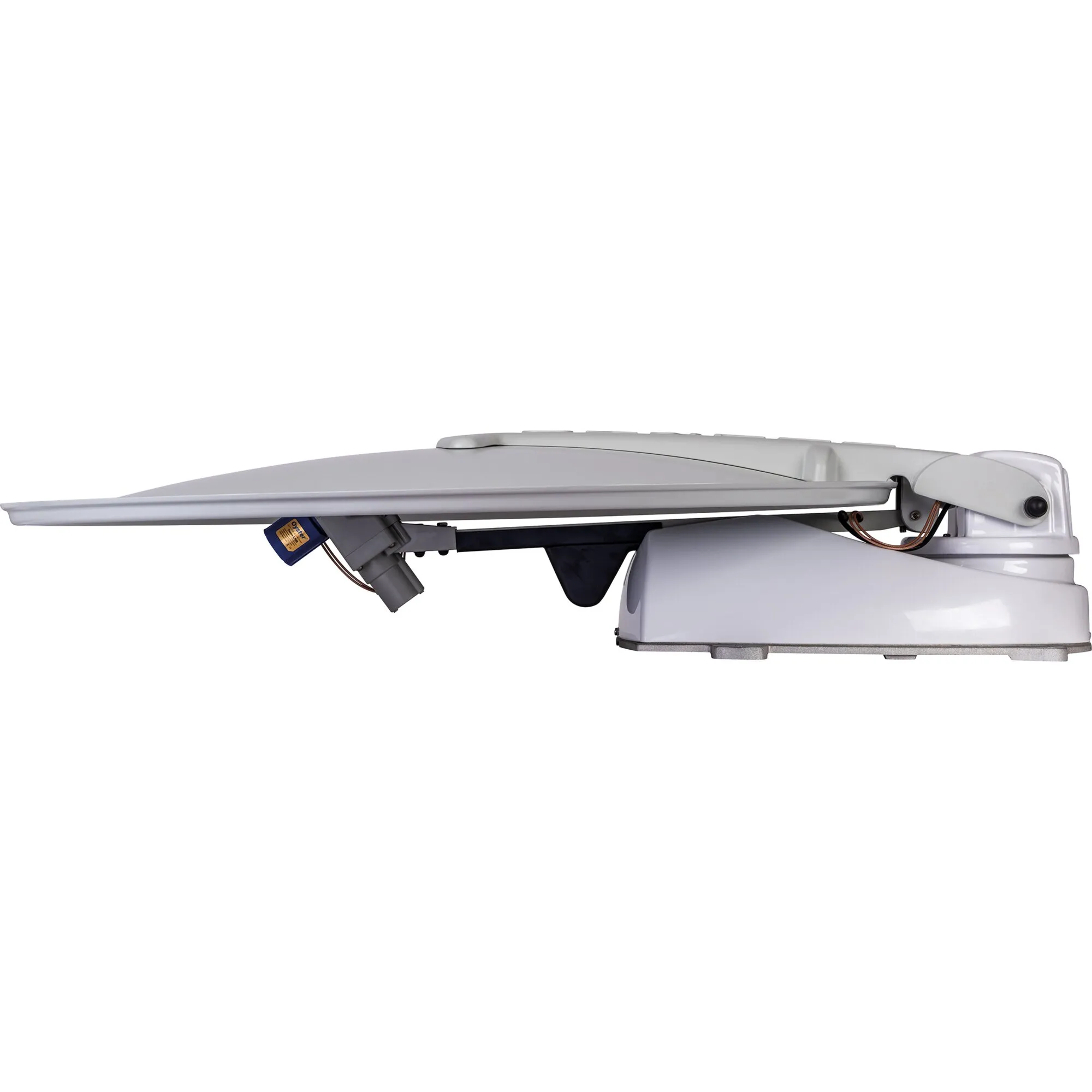 Weiße 85-cm-Satellitenantenne Oyster Single Skew in Seitenansicht mit flacher Parabolschüssel und LNB-Halterung