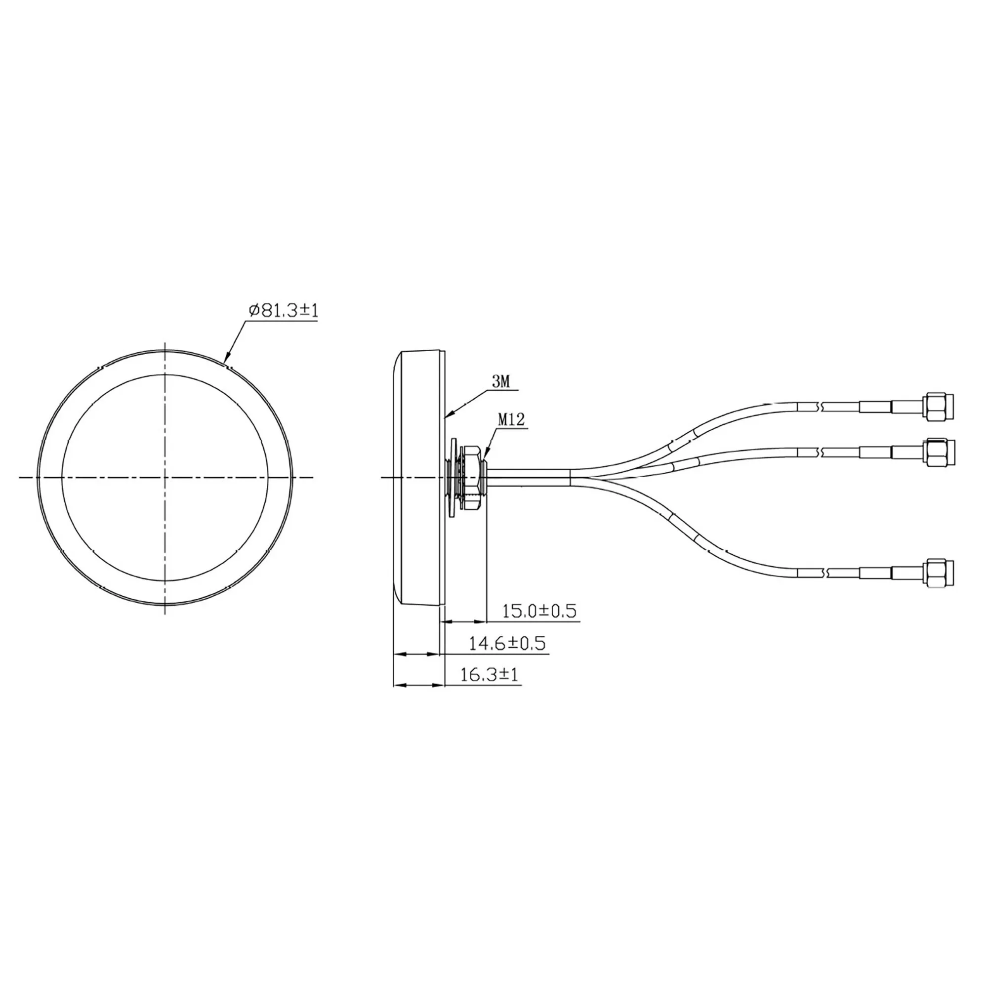 Technische Zeichnung des Routersets alphatronics Stream mit runder Antenne, Montageansicht und drei Koaxialkabeln mit Steckverbindern