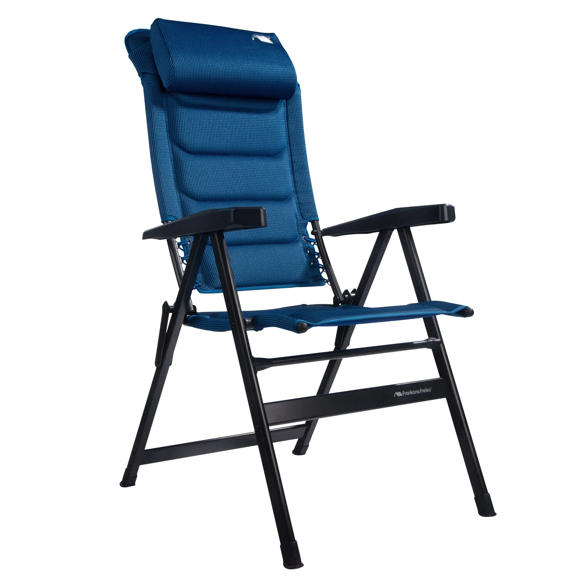 Blauer Campingstuhl HighQ Comfortable mit verstellbarer Rückenlehne, gepolsterter Kopfstütze, Armlehnen und schwarzem Klappgestell