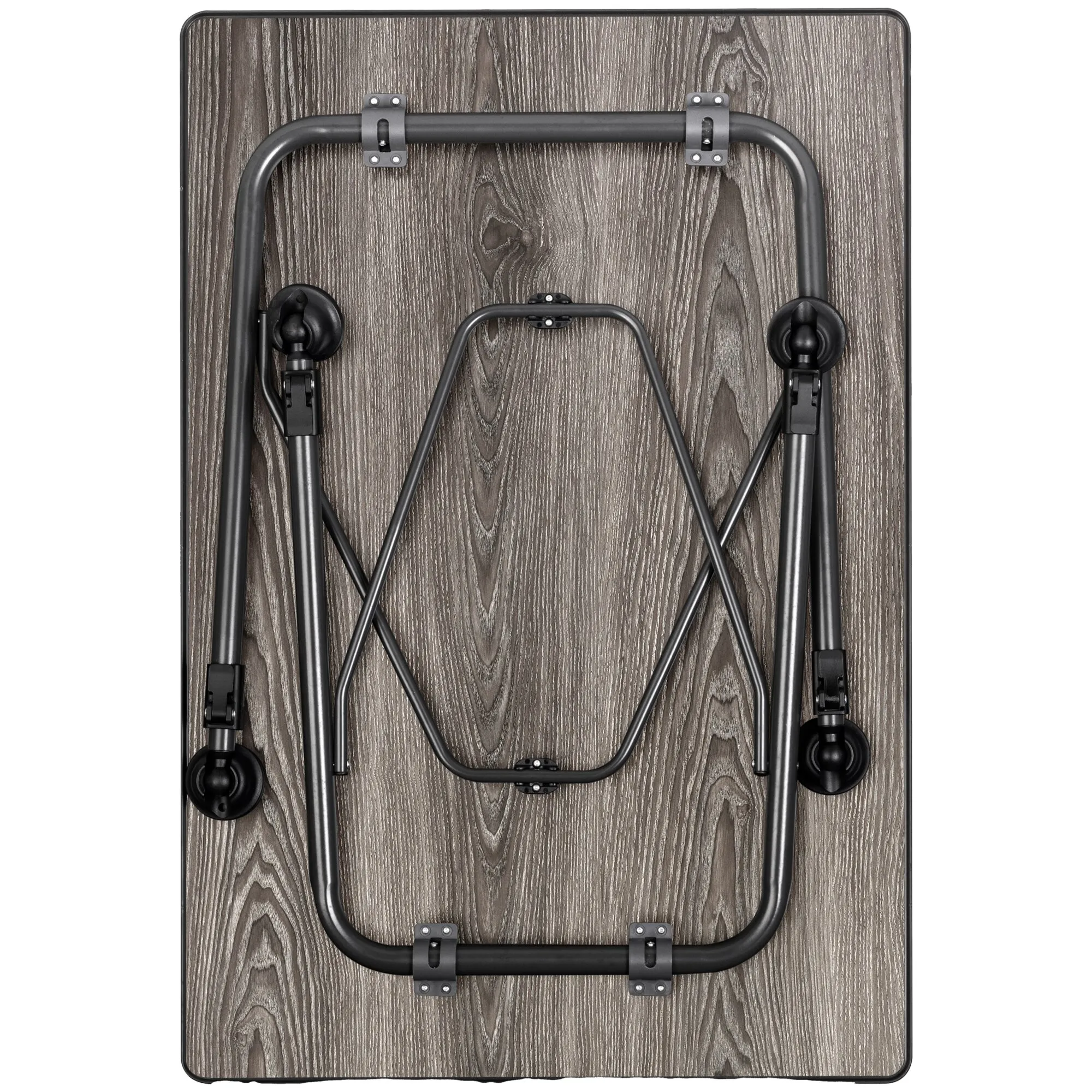 Campingtisch Linear, 115 cm, mit grauer Holzdekorplatte und schwarzem klappbarem Metallgestell in Unteransicht