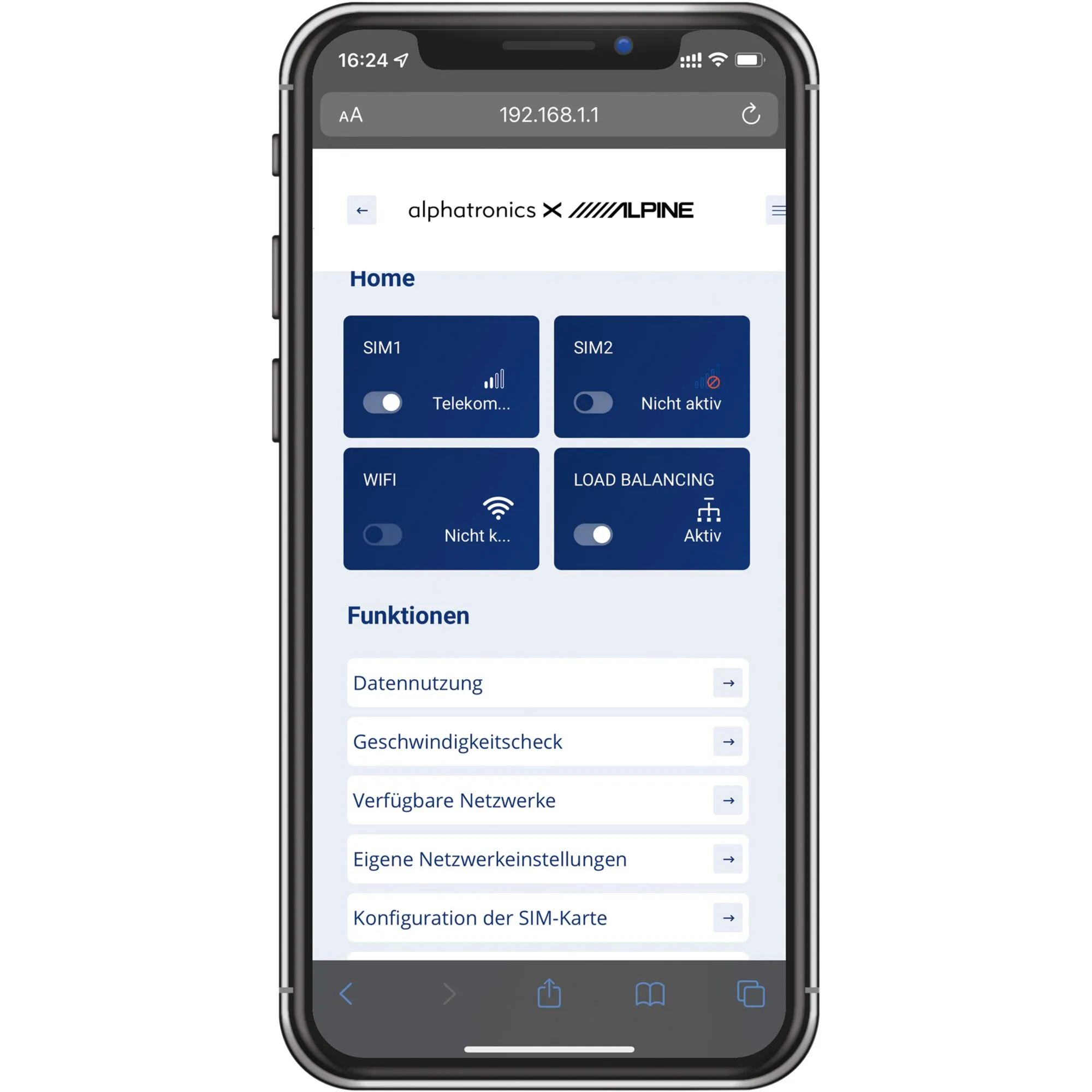 Smartphone mit Weboberfläche des Routersets alphatronics Stream und alphatronics-Alpine-Logo, SIM1 aktiv und Load Balancing aktiviert
