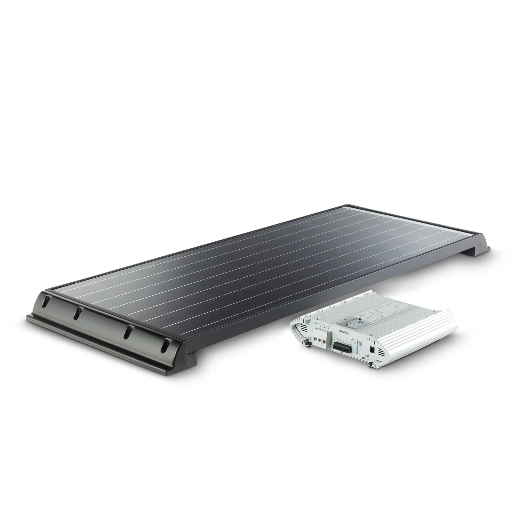 Solar-Komplettanlage PowerPack Classic Power mit schwarzem Solarmodul und danebenliegendem silbernen Wechselrichter, 440 Wh