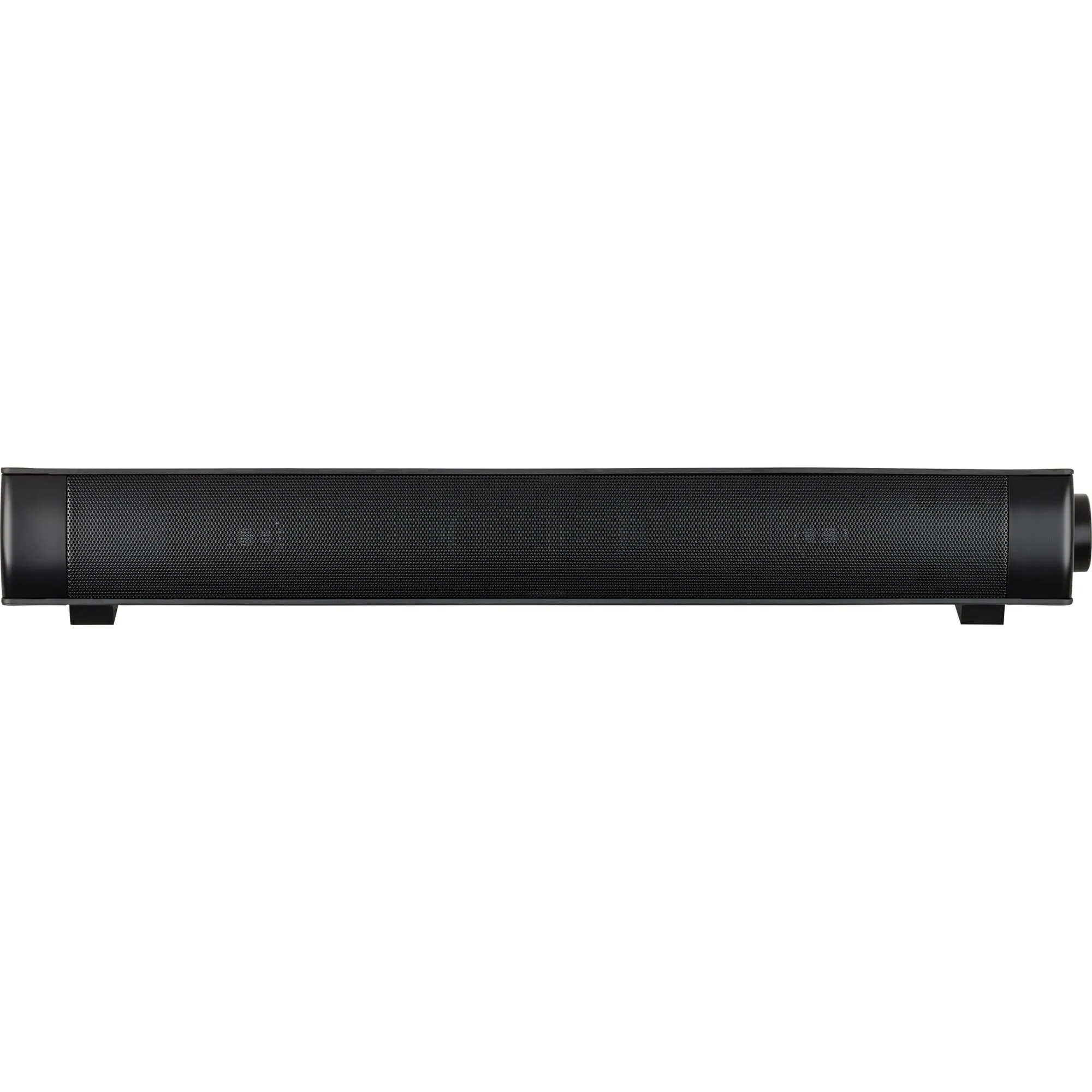 Schwarze Soundbar Reflexion SB100 in Frontansicht mit Lautsprechergitter, seitlichen Bedienelementen und Standfüßen