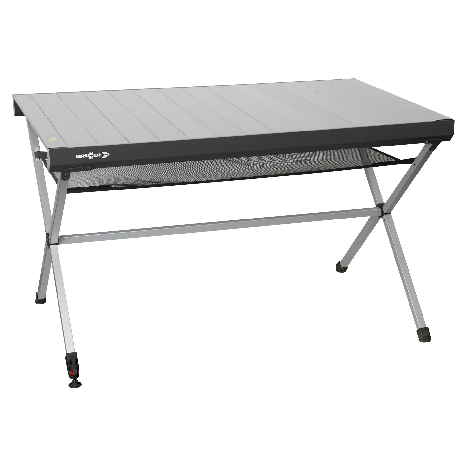 Rolltisch Titanium Axia von Brunner, 122 cm, mit hellgrauer Lamellenplatte, schwarzem Netzablagefach und klappbaren Aluminiumbeinen
