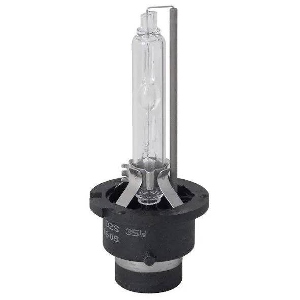 Xenon-Glühlampe P32d-2 mit transparenter Glasröhre, schwarzem Sockel und seitlichem Zünddraht, Kennzeichnung 35W