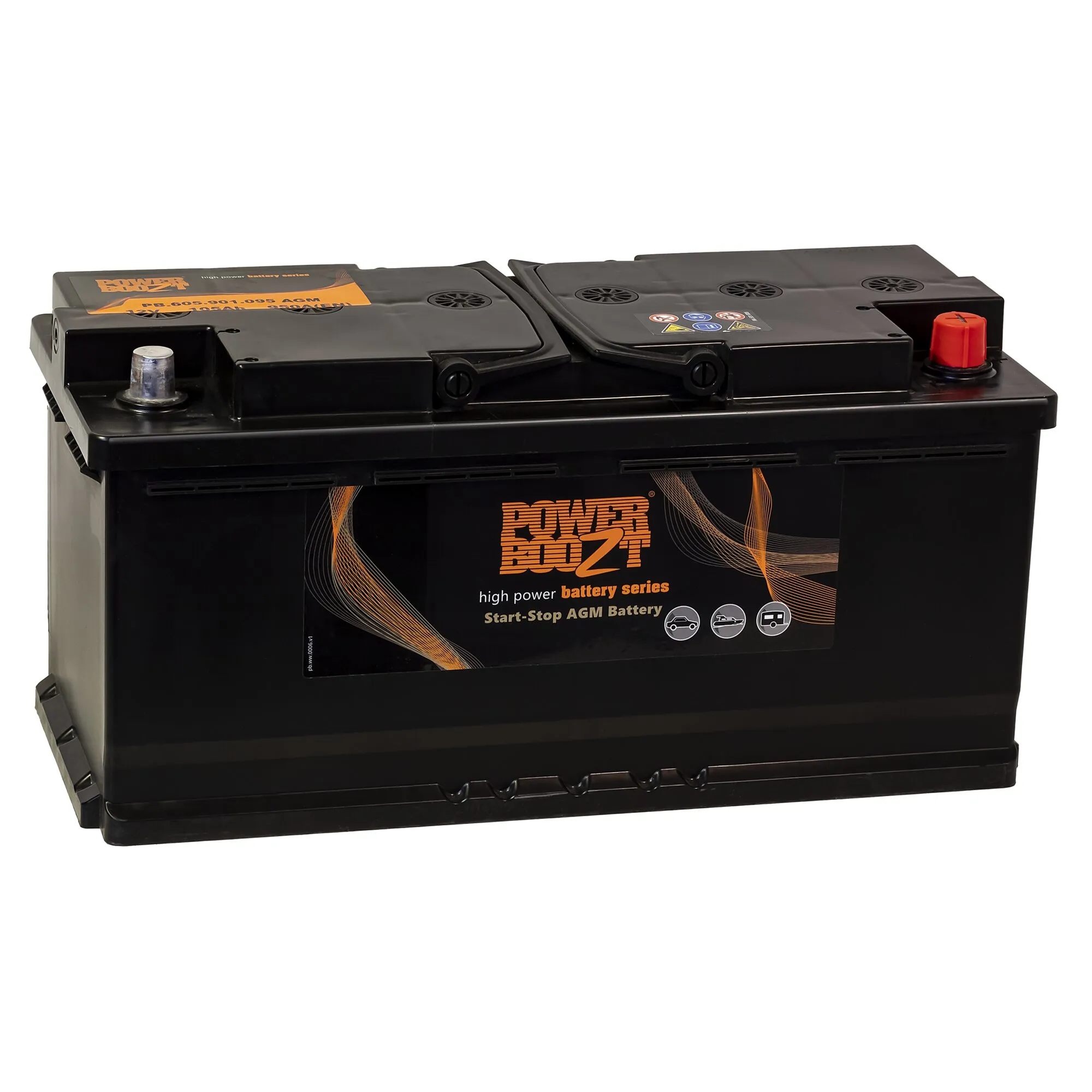 Schwarze AGM-Dual-Purpose-Batterie mit 95 Ah, zwei Anschlüssen und Power-Bug-Beschriftung auf weißem Hintergrund