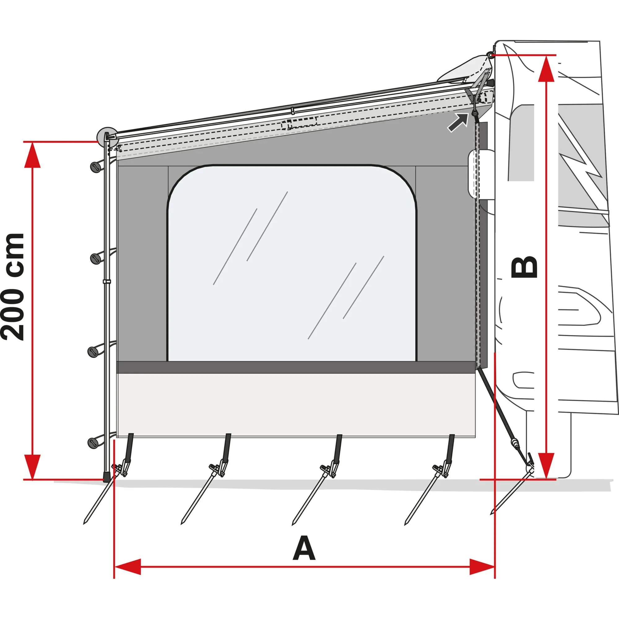 Technische Zeichnung der Seitenwand Side W CS, 225 cm, mit großem Sichtfenster, Befestigungsheringen und Maßangabe 200 cm
