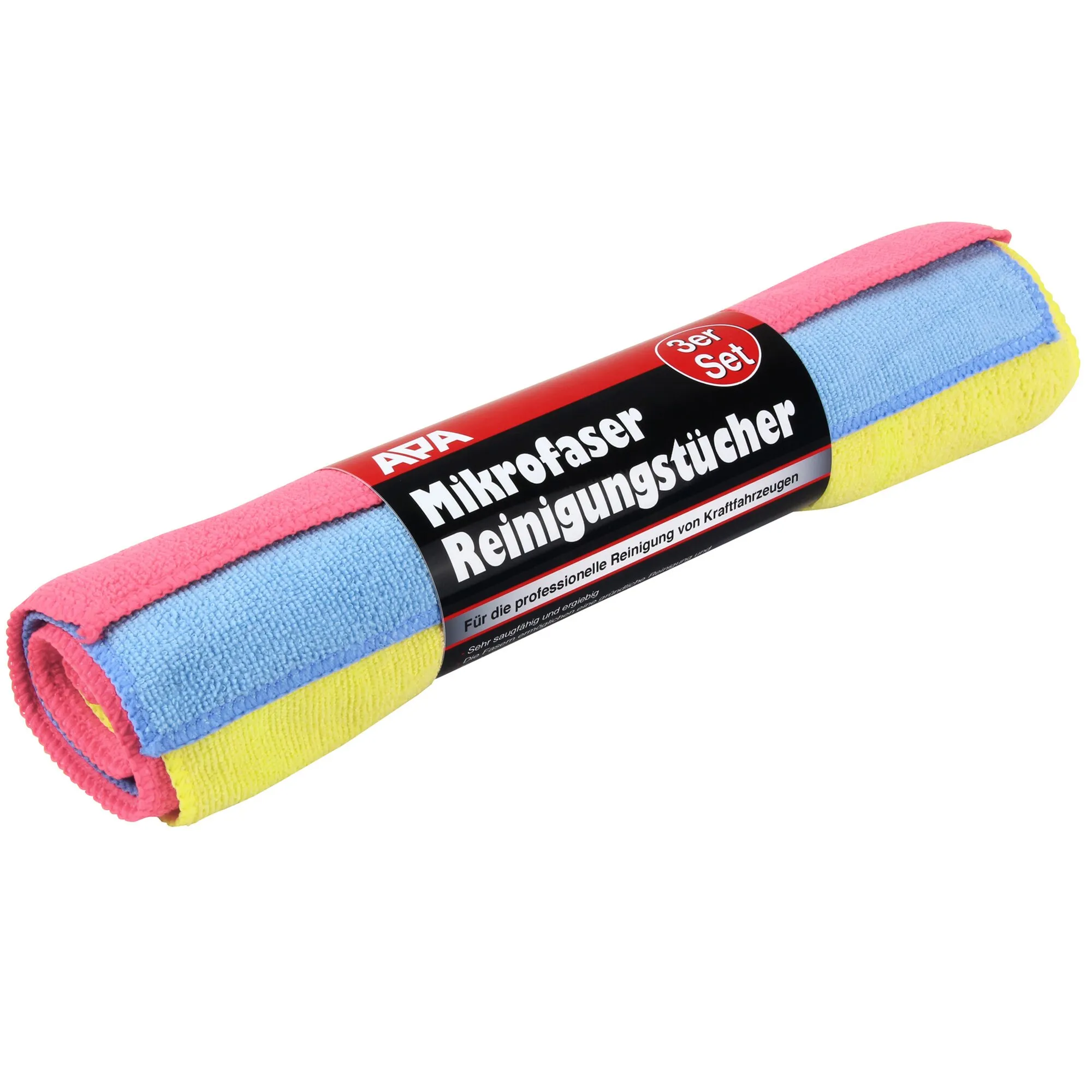 Gerolltes 3er-Set farbiger Mikrofaser-Reinigungstücher in Pink, Blau und Gelb mit schwarzer Banderole
