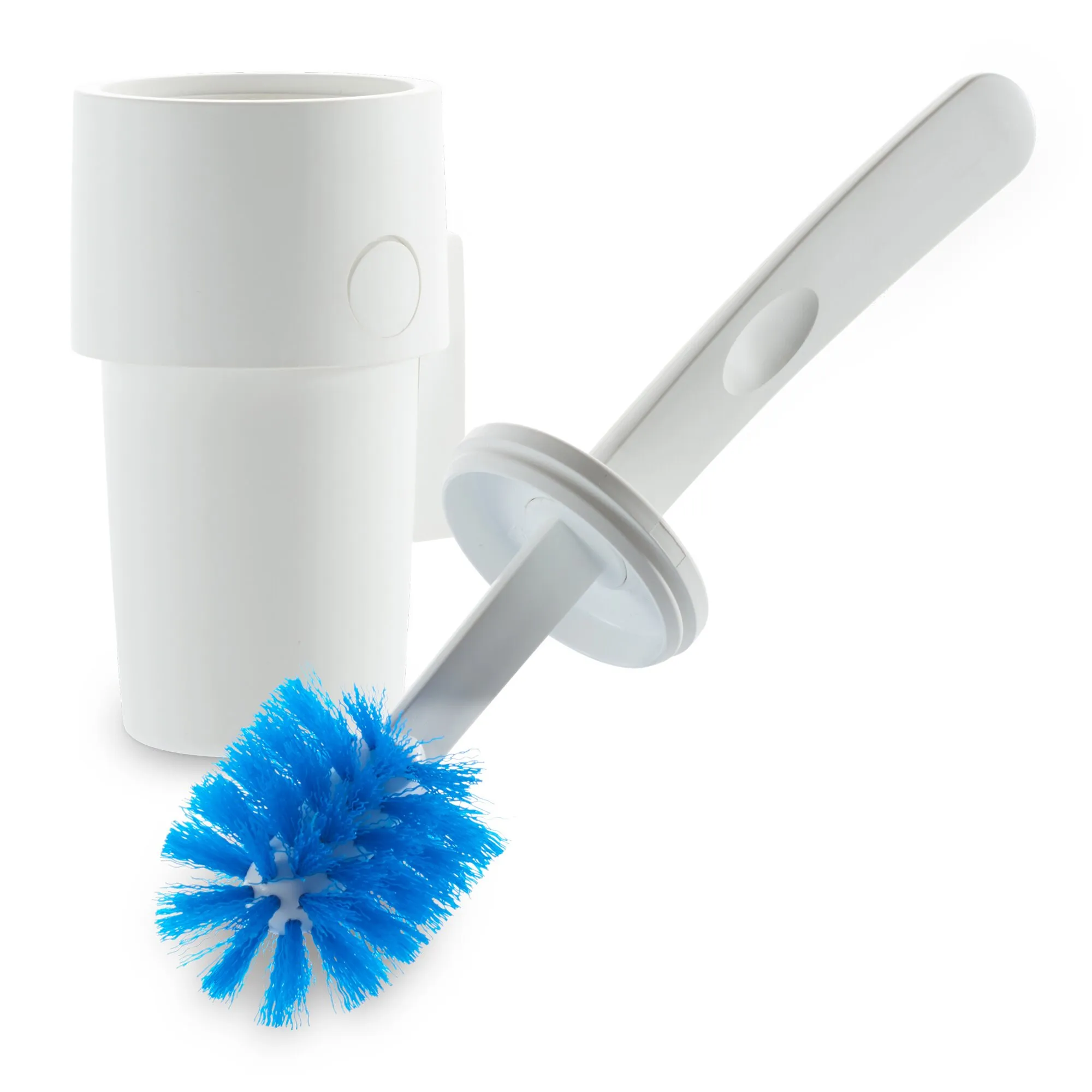Weiße Toilettenbürste Brush & Stow mit zylindrischem Behälter, langem Griff und blauem Bürstenkopf in Detailansicht